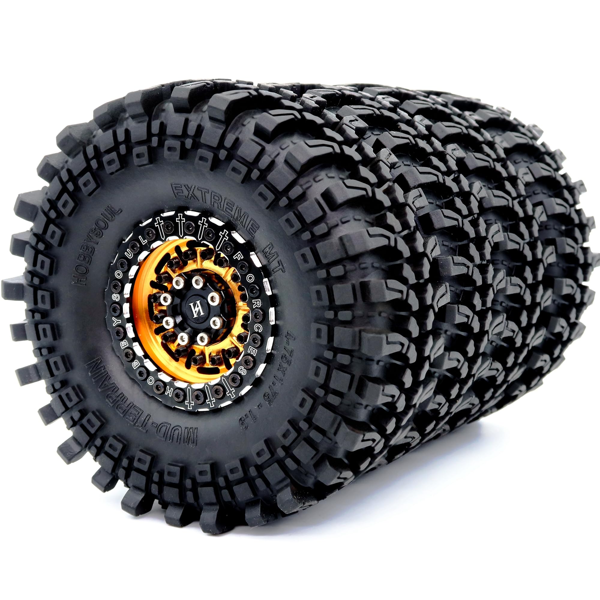 HOBBYSOUL Pneus RC 1.9 de 121 mm de haut et jantes Beadlock 1,9 dorées et noires, décalage négatif 5 mm, roues et pneus Beadlock 1/10 pour Mud Crawler SCX10 TRX4 Gen8, (lot de 4, assemblé)