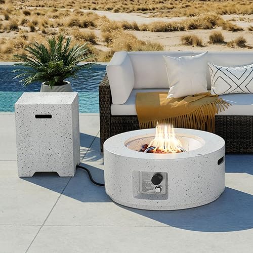 COSIEST Juego de mesa de fuego de propano para exteriores de 2 piezas con mesa de tanque, mesa redonda de terrazo de 28 pulgadas (40,000 BTU) con