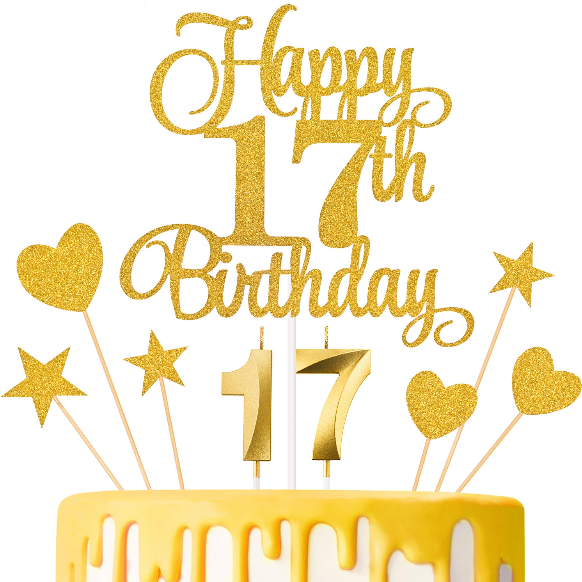 Lecferrarc 17th Birthday Cake Decorations, 17th Birthday Candles Cake Numeral Candles and Glitter Happy 17th Birthday Cake Toppers Set for Birthday