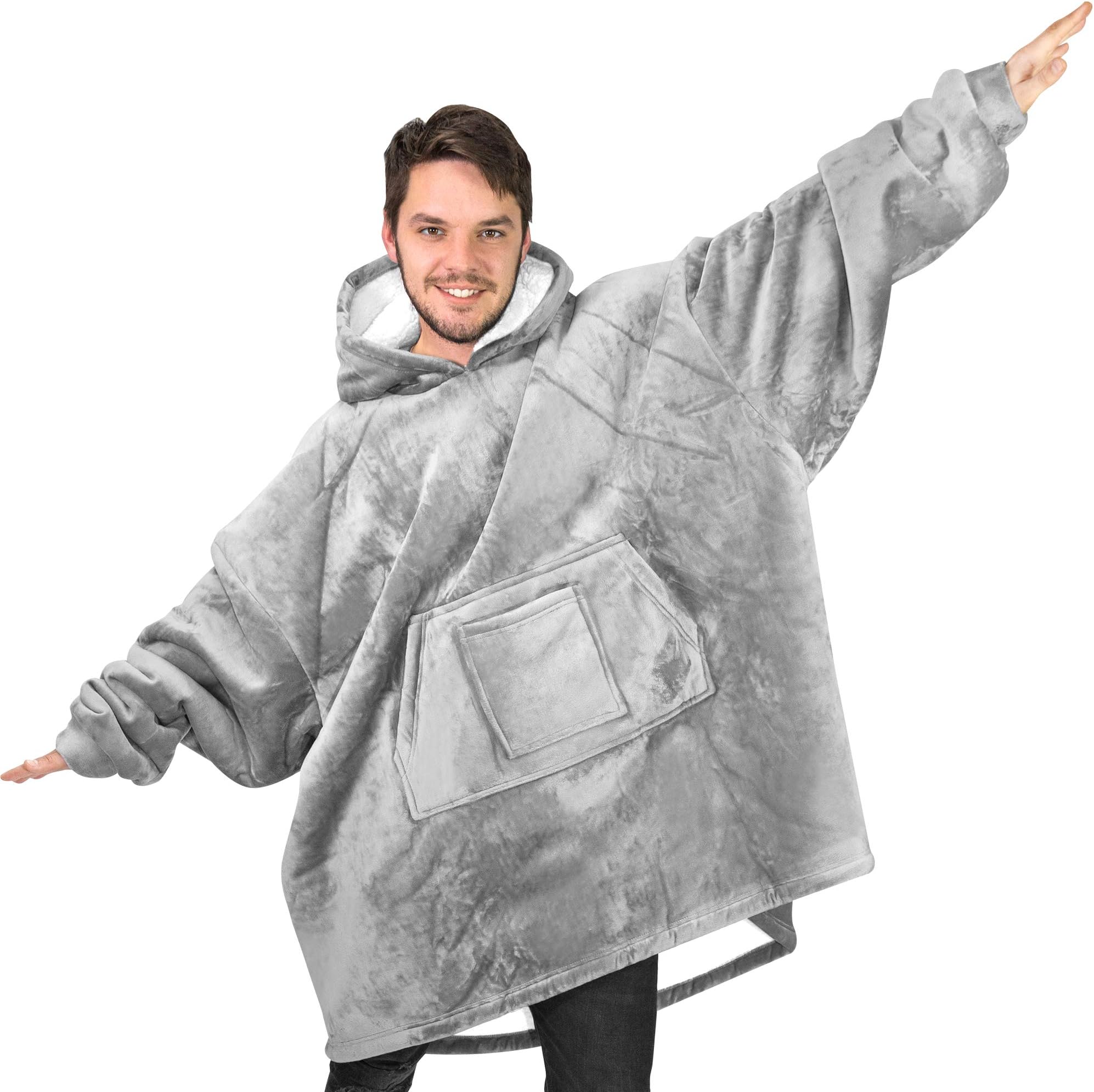 Rongo Oversized Sweatshirt Hoodie Blanket for Men, Women & Kids – Double-Sided with Sherpa & Plush Fleece Lining – Kangaroo Pocket Giant Hoody with Extra Front Pocket for Mobile Phone, Bottle or Keys