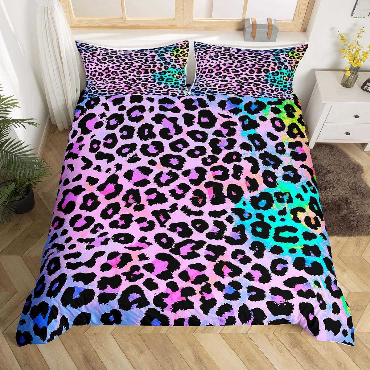 Homewish Set di biancheria da letto con copripiumino matrimoniale con stampa leopardata classica, motivo leopardato, per bambini, ragazze e donne, moderno motivo mimetico leopardato, reversibile