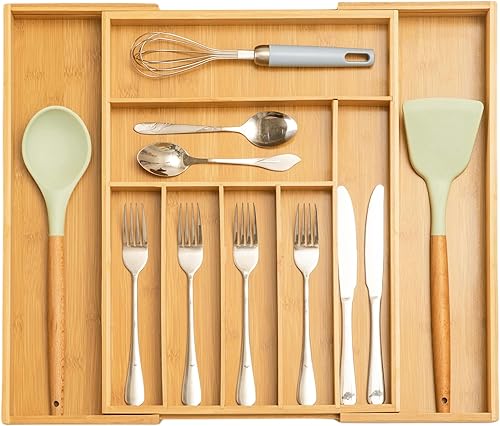 LIBODOUR Organizador de cajones de cocina extragrande de bambú expandible para soporte de utensilios, bandeja de cubiertos ajustable, organizador de