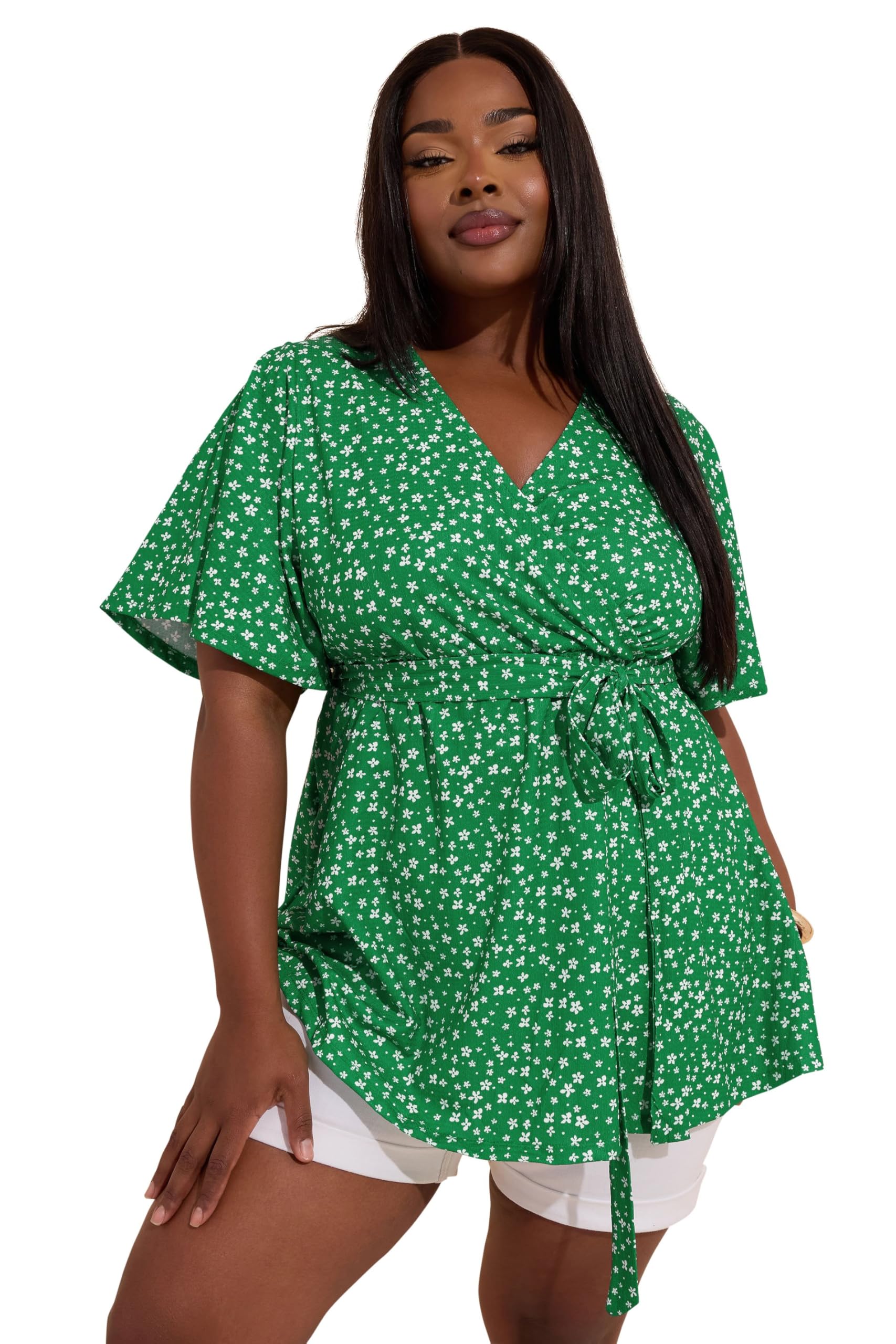 Yours Curve Ditsy Floral Print Wrap Top - Women's - Plus Size Curve Green