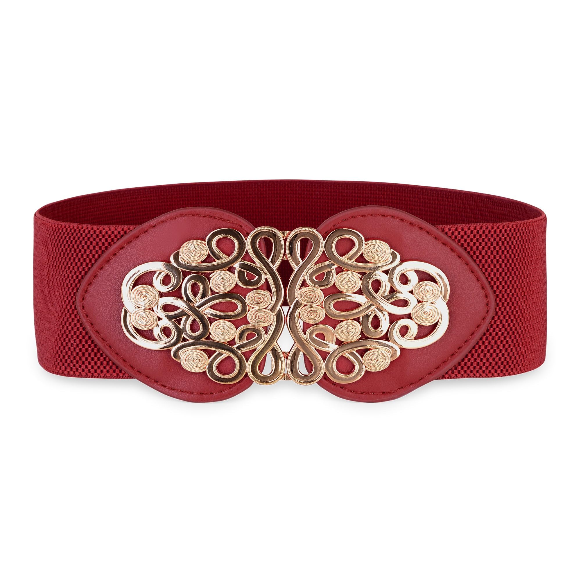 BlackButterfly Wide Elastic Cinch Stretch Waistband Retro Gold Medusa Buckle Waist Belt (Red, XL)