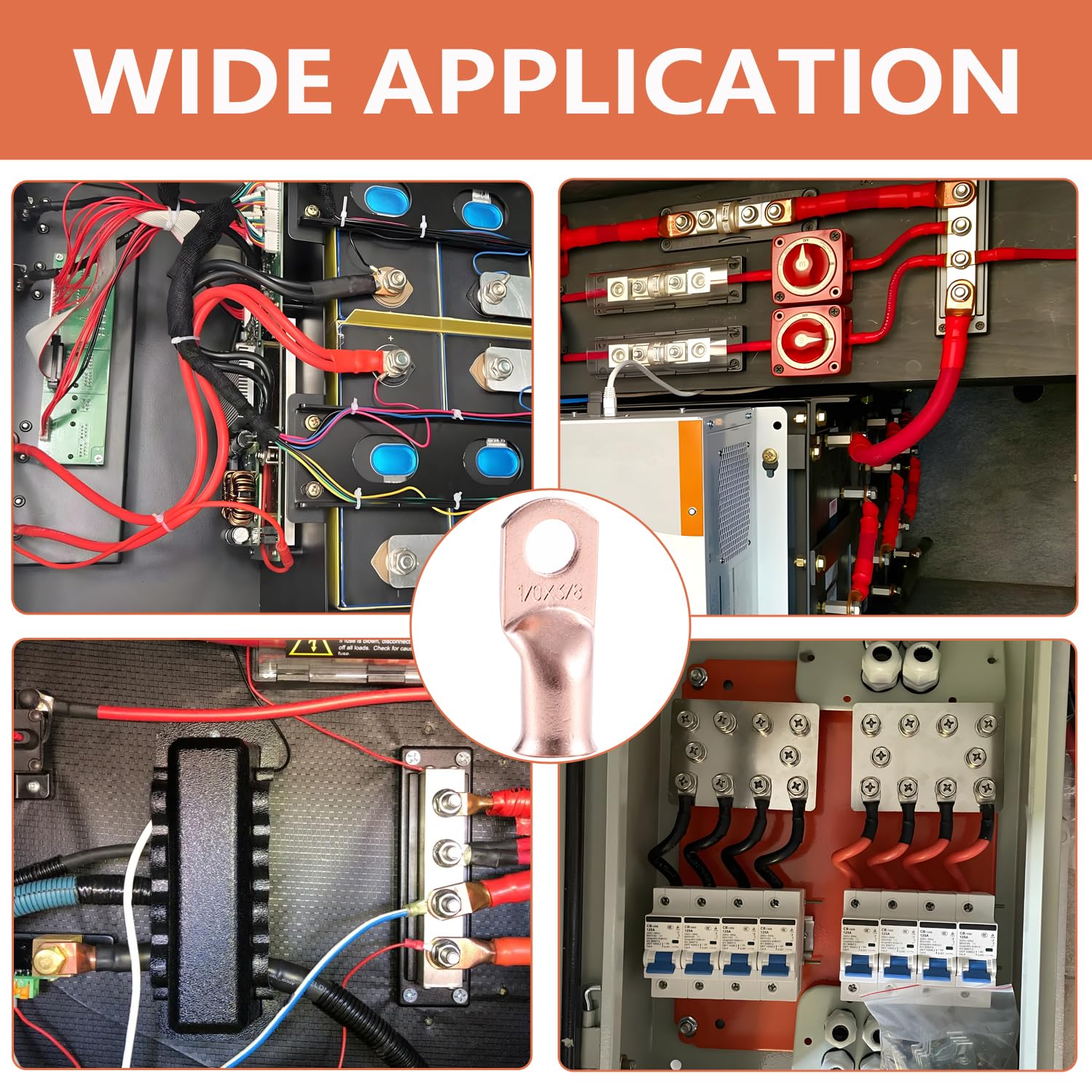 1/0 AWG Pure Copper Ring Terminal Kit (62 Pcs) - 30 Battery Lugs (1/4", 5/16", 3/8", 1/2") with 32 Heat Shrink Tubes for 0 Gauge Wire in Automotive, Solar, Inverter, Marine, RV Applications