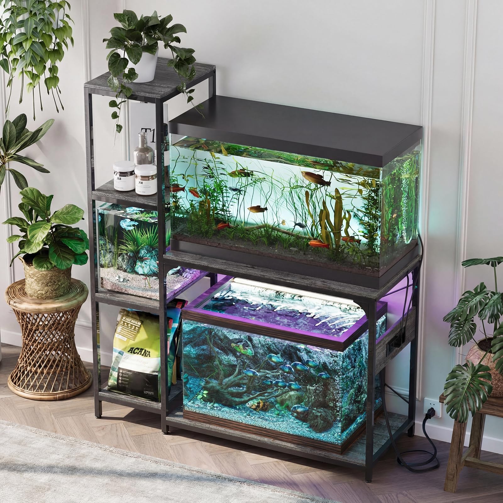 VOWNER Aquarium-Ständer mit Steckdose, Holz, mit Ablagen für Aquarium-Zubehör, robuster Metallrahmen, Schildkröten-Reptilien-Terrarium-Ständer, Tragkraft 227 kg, Grau