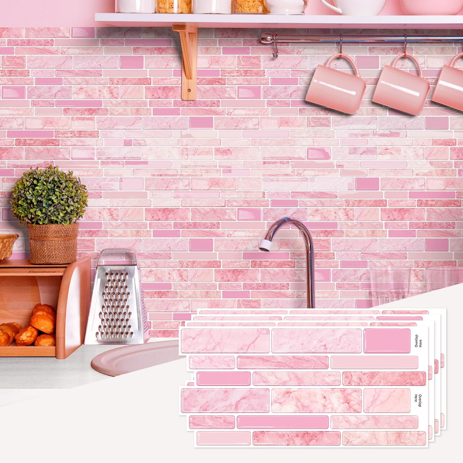20 Sheets Mosaic Marble Effect Tile Stickers, Peel and Stick on Tiles for Kitchen Bathroom Wall Backsplash Vinyl Waterproof Self Adhesive Tile Decals Covers (Pink)