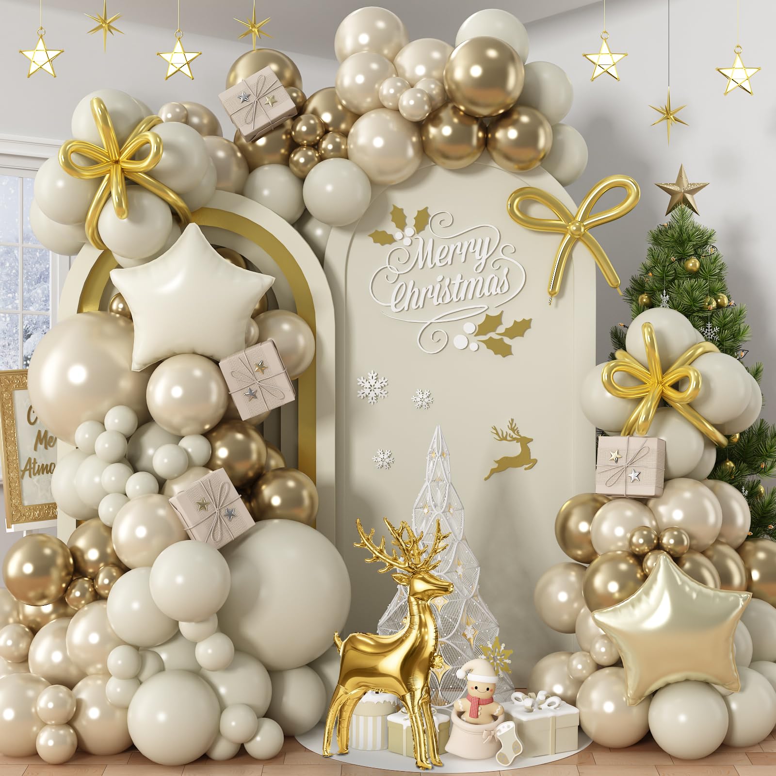 121PCS Christmas Balloon Garland Arch Kit, Pearl Sand White and Gold Balloons with Star Reindeer Mylar Foil Balloon for Holiday Xmas Party Wedding Anniversary Prom New Years Eve Decorations