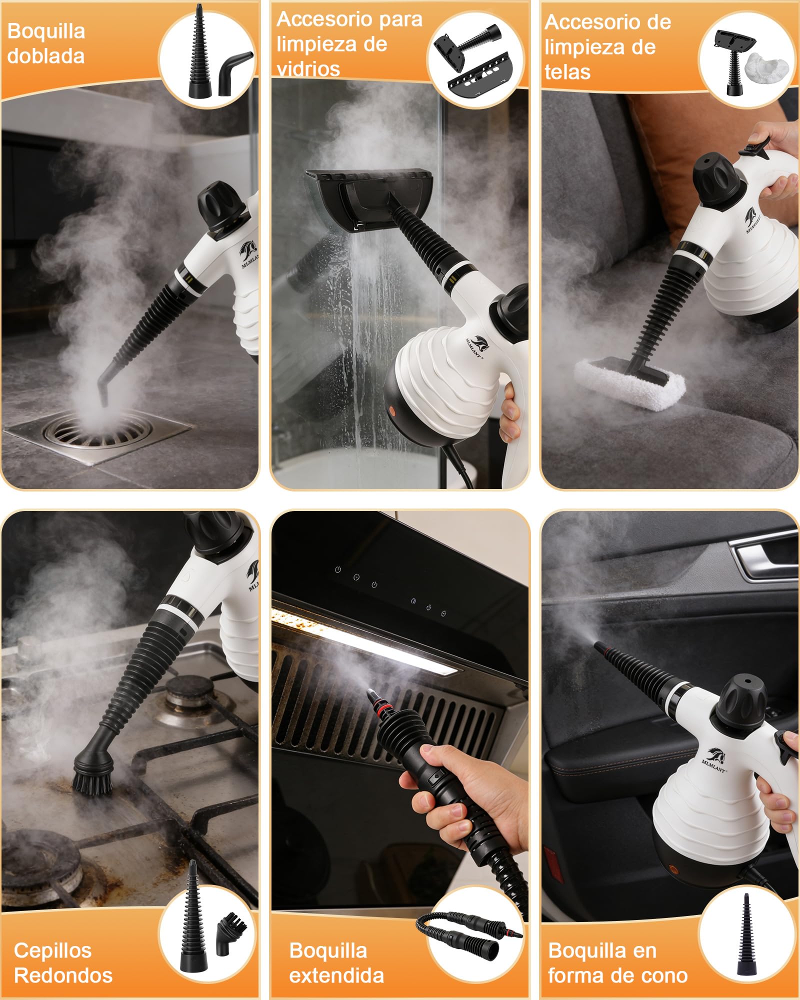 MLMLANT Limpiador de vapor, limpiador de vapor portátil con cerradura de seguridad y juego de 10 accesorios, ideal para alfombras, asientos de coche, sofás, ventanas, tapizados y mucho más