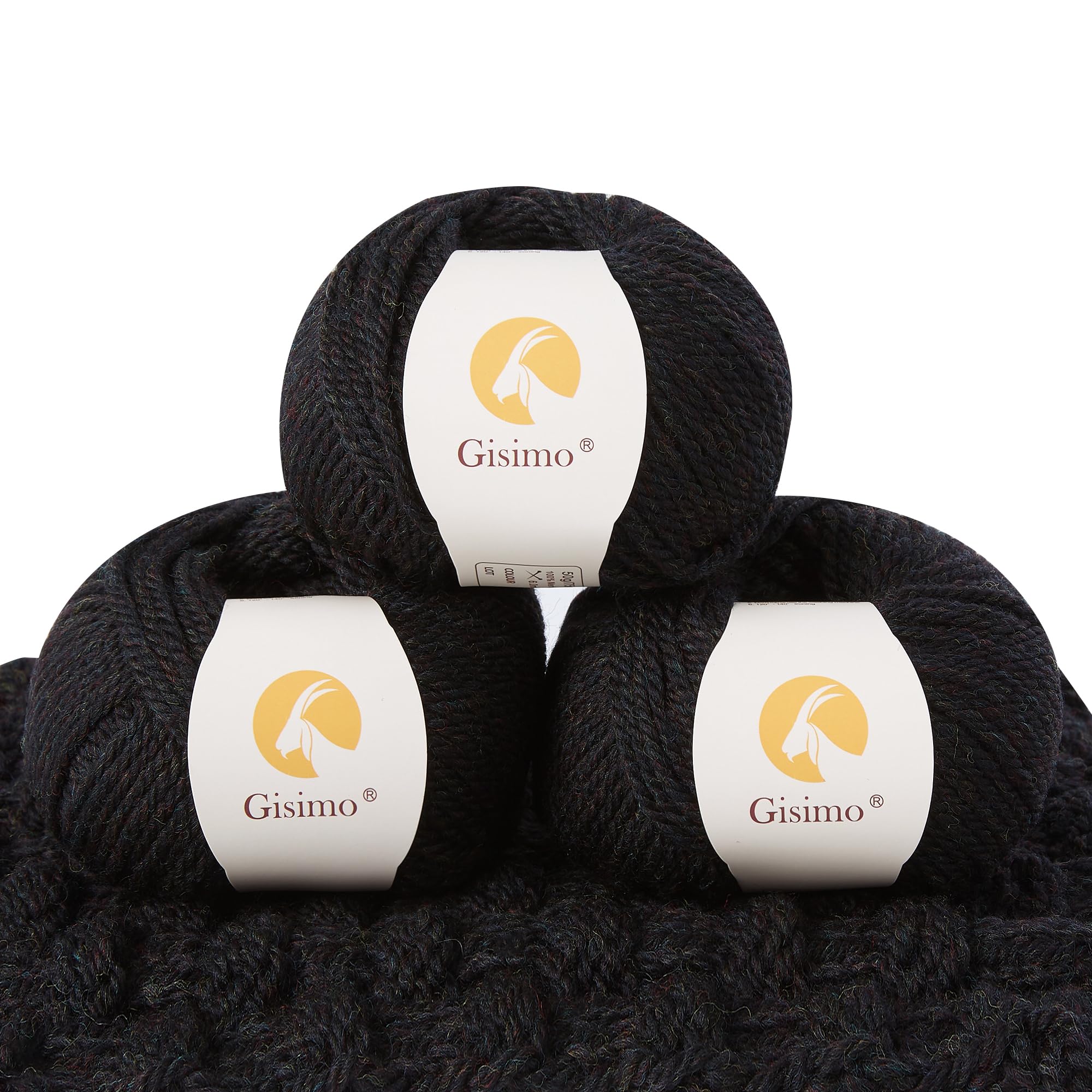 100% Merino Wool Yarn, 3-Ply Luxurious and Soft Yarn for Hand Knitting &amp; Crocheting (Black, 3Balls)