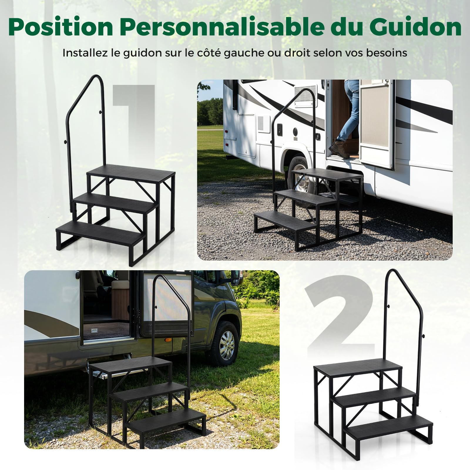 COSTWAY Marchepieds pour Camping-Cars 3 Marches avec Main Courante, Escabeau avec Larges Plateformes Antidérapantes, Escalier pour Porche Maison Mobile Piscine, Charge 300 kg