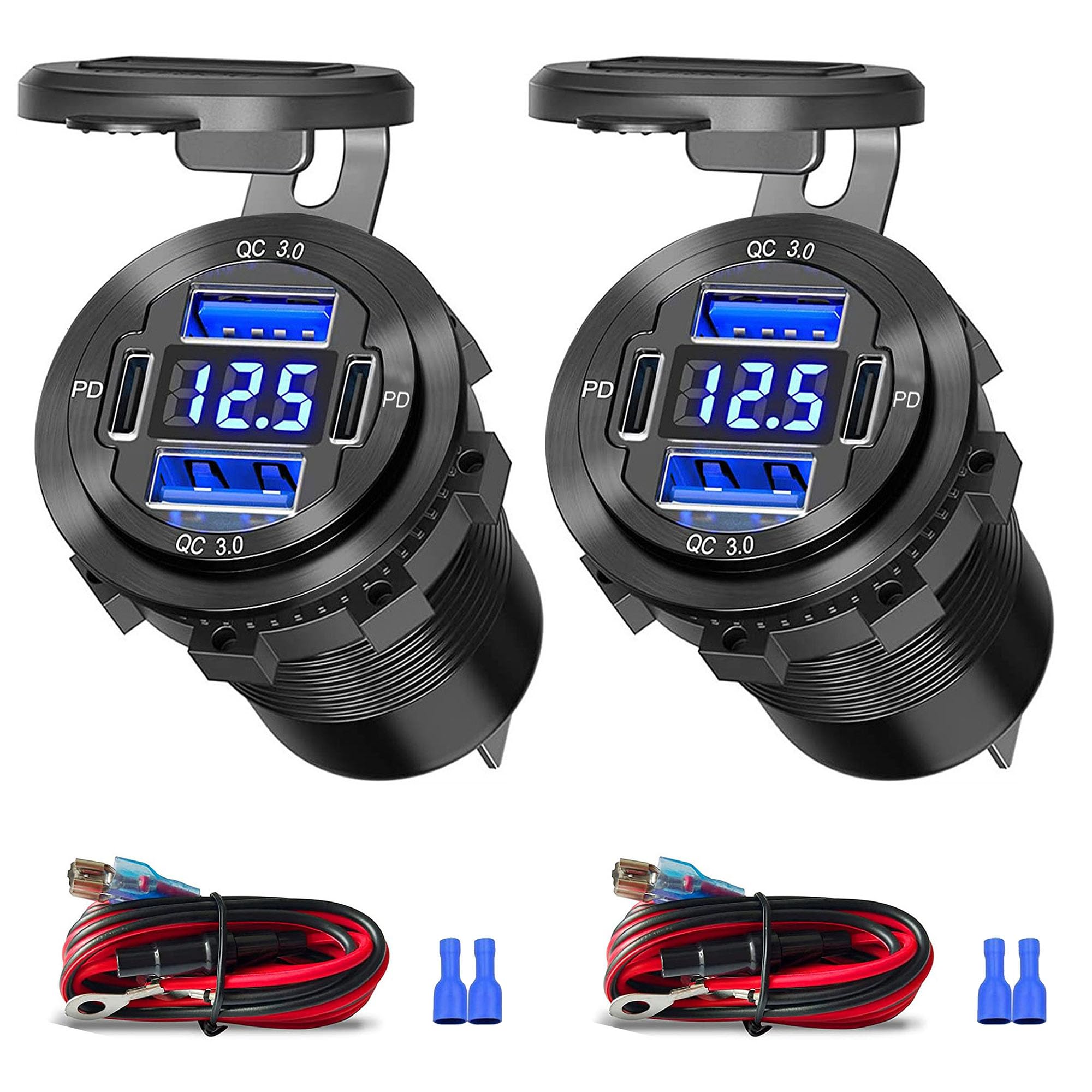 12V USB Outlet, 4 Port Aluminum Charger Socket 2 C PD & 2 QC3.0 with Voltmeter, 12V/24V Car USB Charger Socket for Car Boat Marine Bus Truck Golf RV Motorcycle and More 2-PackCarbonfree Certified