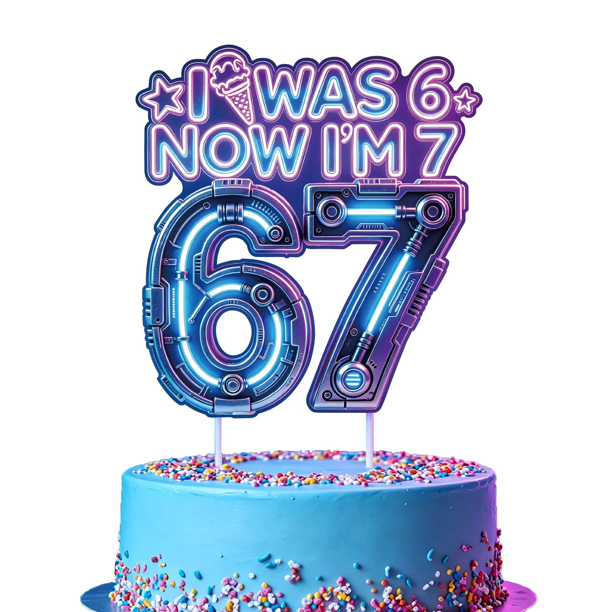 6 7 Birthday Cake Topper - 1 Pcs Neon Cyberpunk Gaming Themed Large Cake Decoration I Was 6 Now I M 7 with Ice Cream Stars Birthday Gift for Kids Boys Birthday Party Supplies