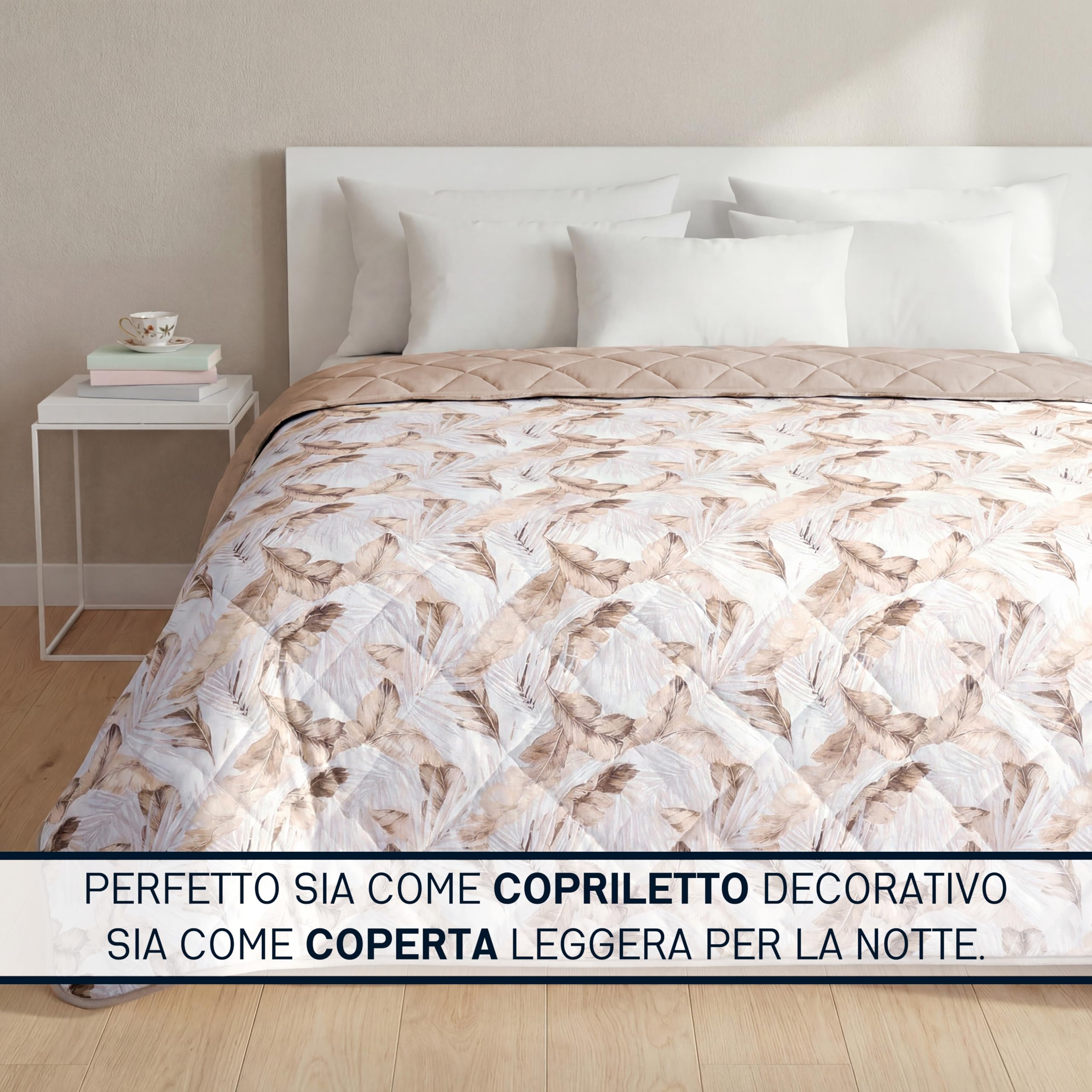 Clara Home Trapuntino Primaverile, Copriletto Mezza Stagione in Microfibra Effetto Velluto, Trapunta Leggera Jacquard Foglie, Coperta Letto Morbida Made in Italy, 1 Piazza, Adele Beige
