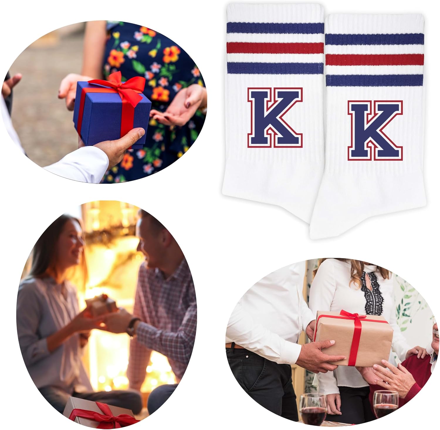 Red&Navy Blue Striped Initial Socks for Adult, Women&Men, Gifts for Family, Friends. image 5