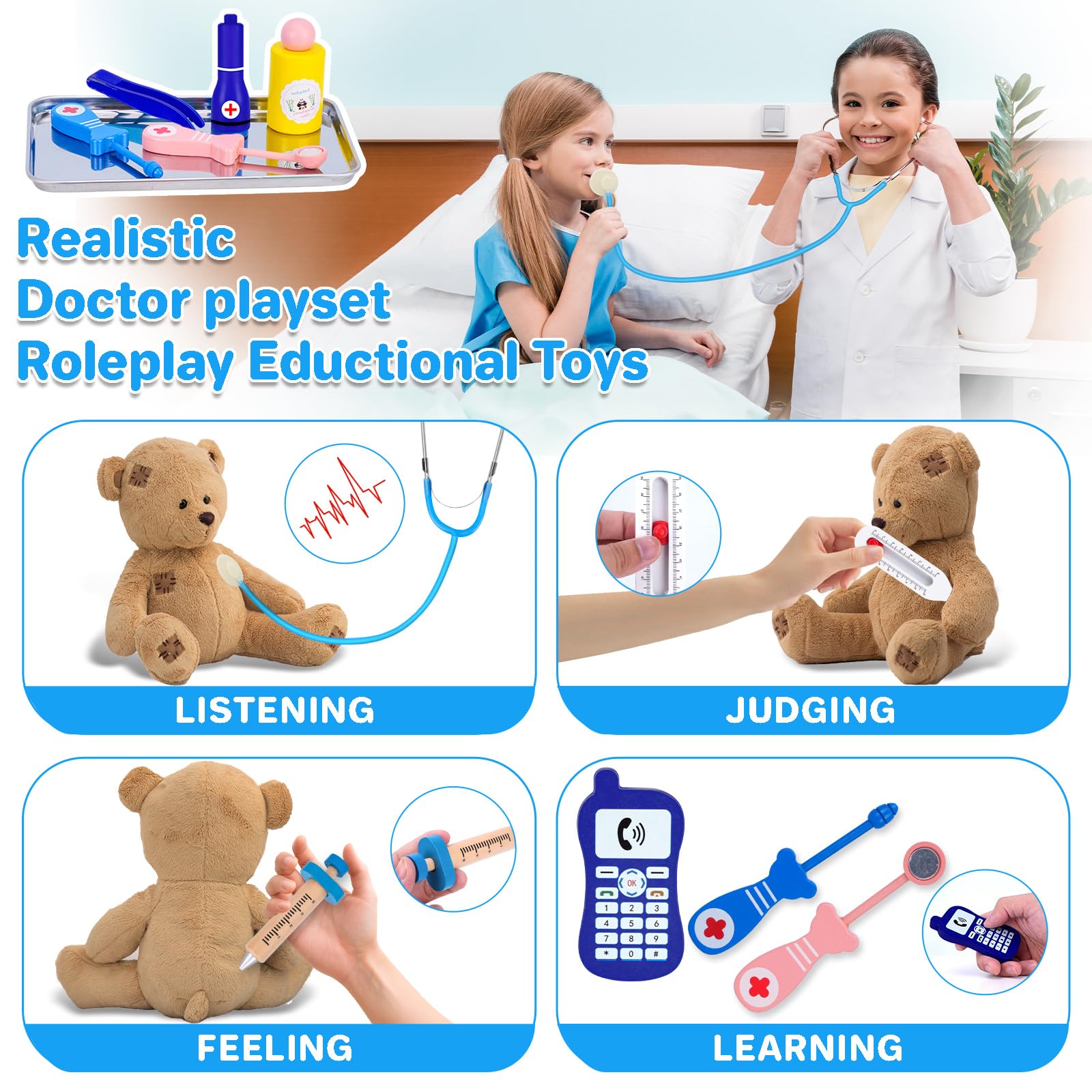 Maletin Medicos Juguete, Juguetes Niños de Madera Maletin Doctora Juguetes con Estetoscopio Real, Juegos de rol, Juegos Educativos Niños a Partir de 3 Años