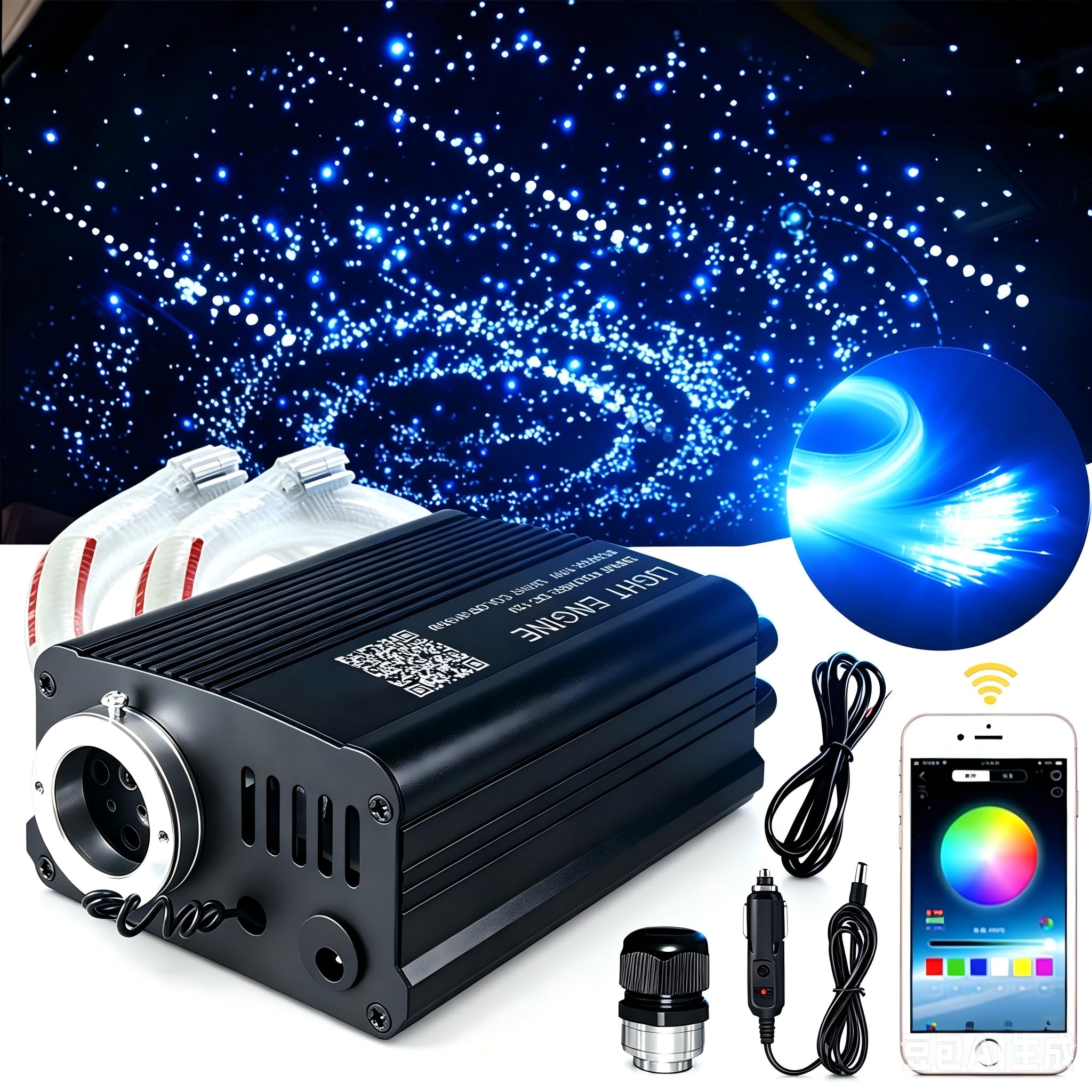 Lámpara de techo de 16 W con efecto cielo estrellado de fibra óptica para auto con 650 piezas * 0,75 mm * 3 m Twinkle Meteor 2 en 1 Modelo Música Sync APP Control para regalos de boda Luces de