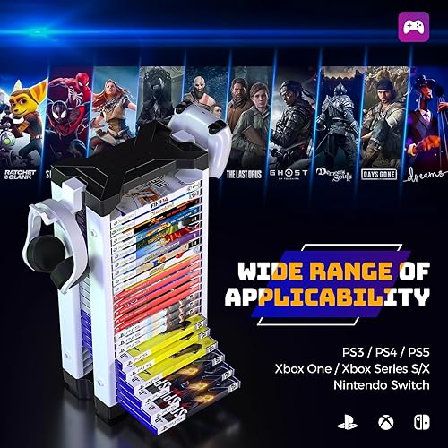 Miniatura 2 de Allnice Game Storage Tower Multifunction Video Game Shelf for 24 game Disk, 2 Headsets Controllers Holder Compatible with PS3PS4PS5 Nintendo