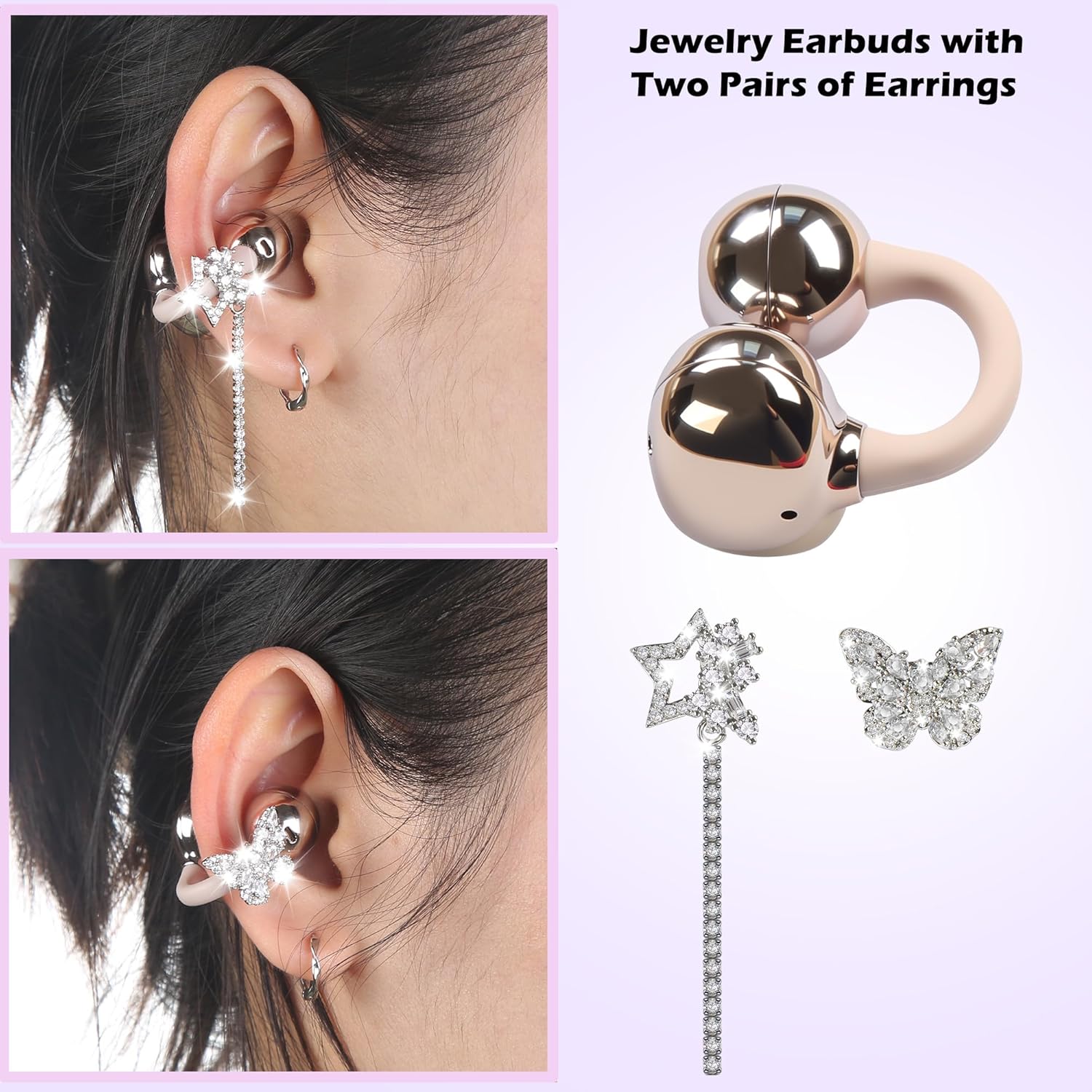 Clip on Earbuds with Detachable Butterfly & Star Jewelry Earrings Lightweight Bluetooth 6.0 Open Ear Wireless Headphones for Women Gifts Sport Workout