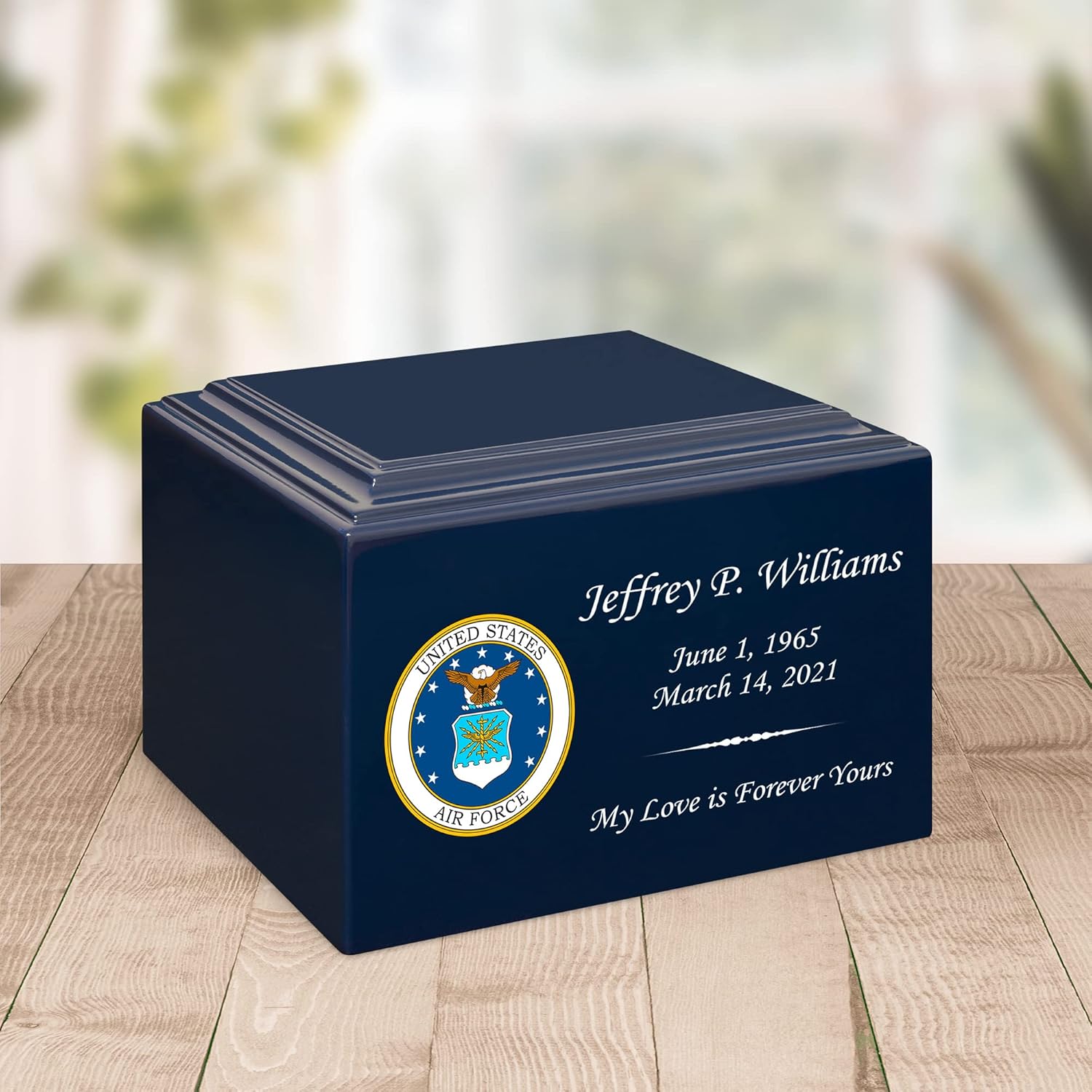 Stonewood Medium Full Color Air Force Emblem Cremation Urn for Human Ashes - Composite Wood Cremation Urn for Adult Ashes - 110 Cubic Inch Capacity - Personalization Included