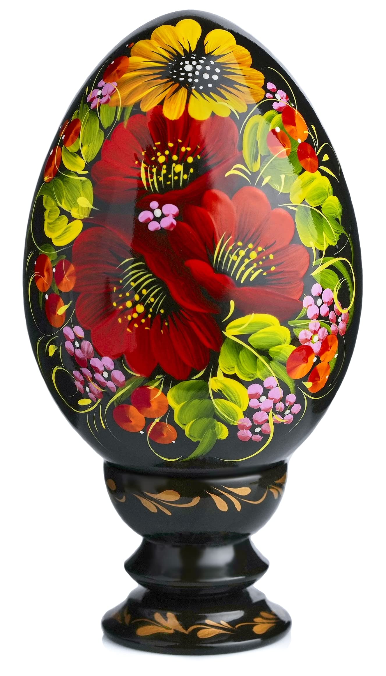 UA Creations Hand Painted Lacquered Pysanka Wooden Egg on Holder, Large Fancy Petrykivka Ethnic Style Easter Souvenir from Ukraine in a Gift Box, Jumbo Size (Black Red and Yellow)