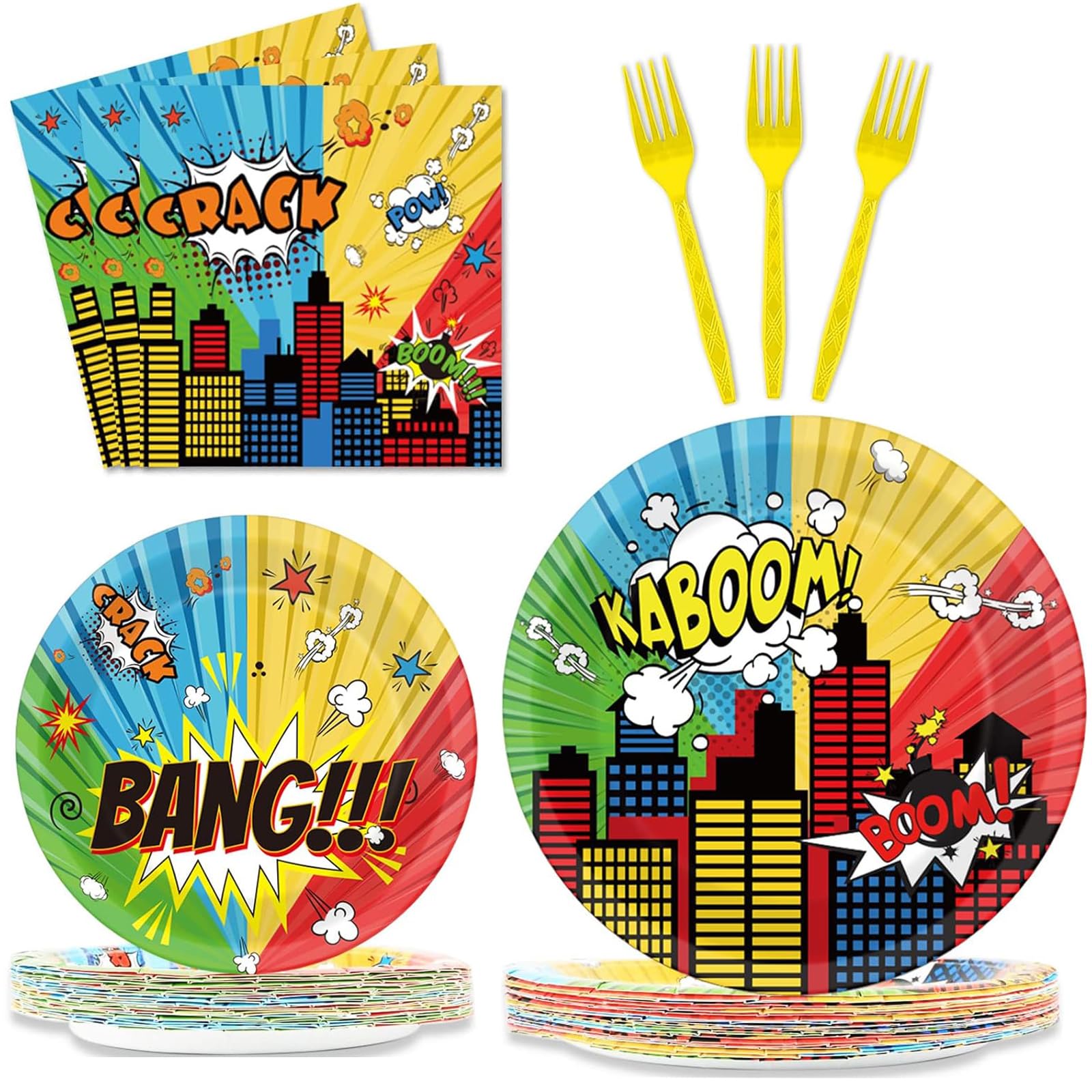 gisgfim 96 Pcs Super Theme Hero Party Plates and Napkins Party Supplies Hero Themed Party Tableware Set Hero Action Disposable Decorations Favors for Birthday Baby Shower for 24 Guests