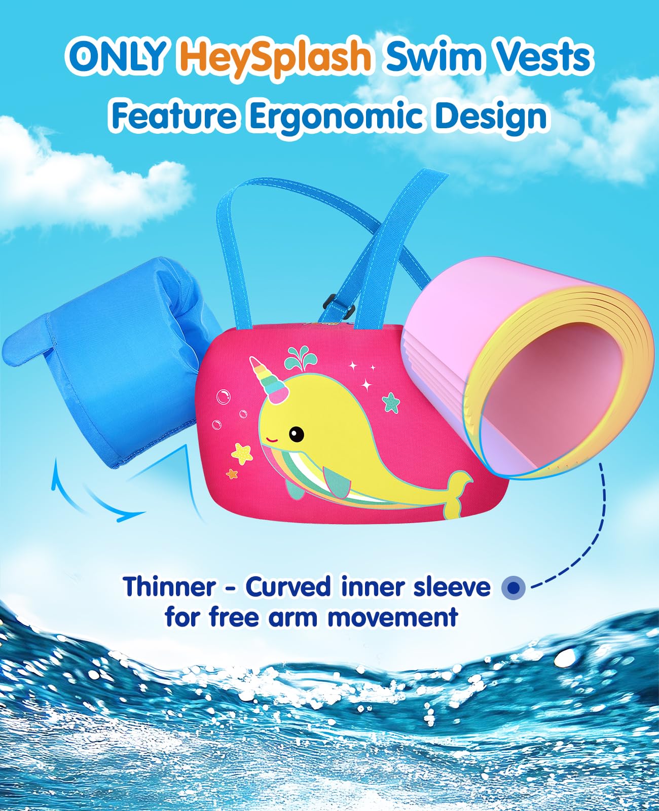 HeySplash Chaleco de Natación para Niños, Manguito de Natación con Correa Ajustable, Flotador de Piscina para Niñas de 13-30/22-44lbs, Flotador para Niños Aprendan a Nadar