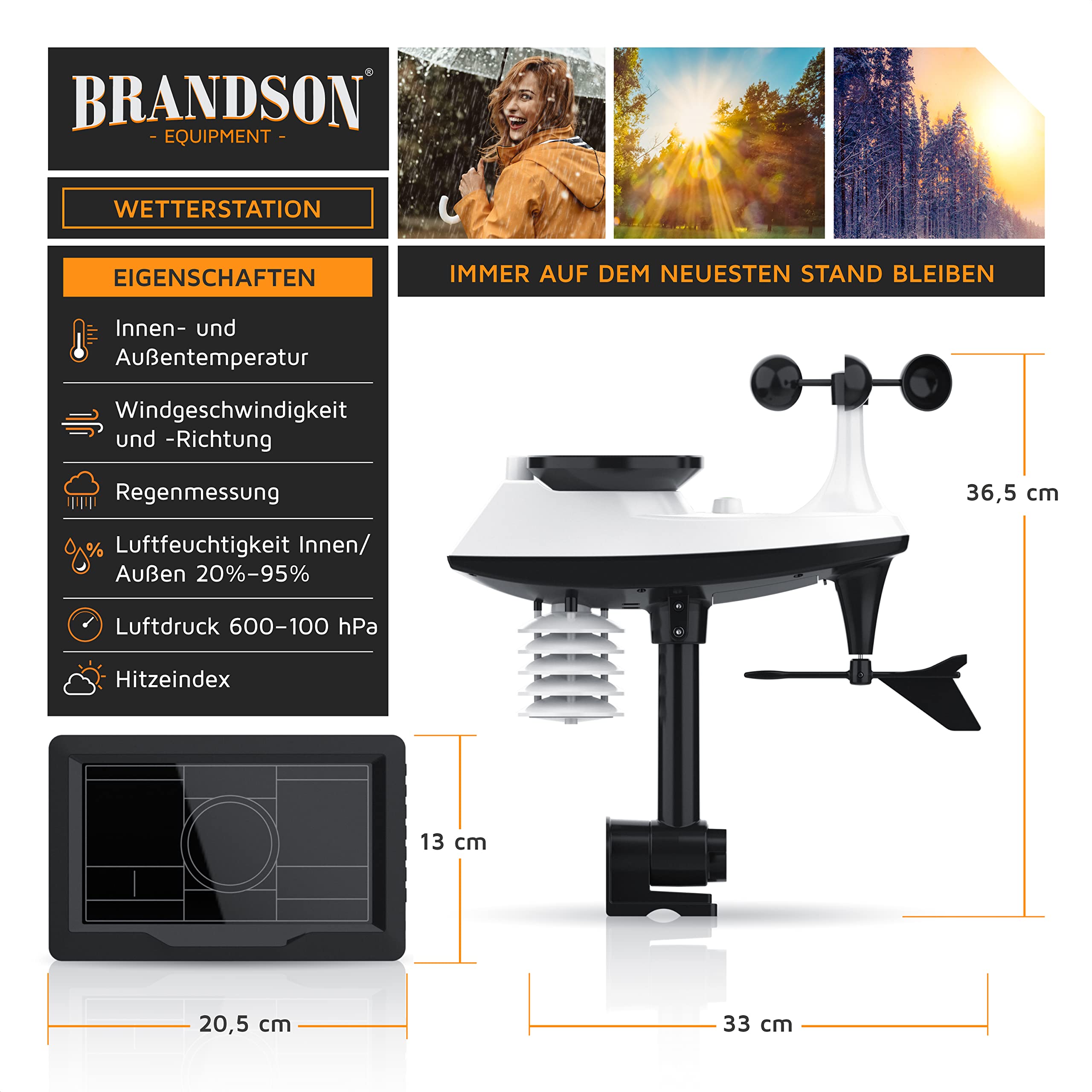 Brandson - Wetterstation Funk mit Außensensor, Wetter Center 5 in 1 - Funkwetterstation mit Wettervorhersage DCF Thermometer Hygrometer Luftdruck Regenmesser Windmesser