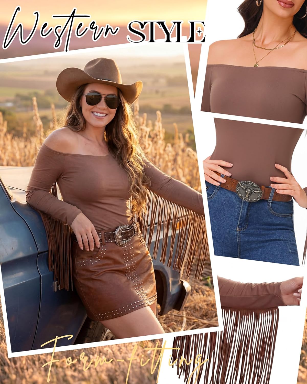 Women Fringe Top Western Off Shoulder Cowgirl Shirt Fitted Long Sleeve Tassels Top Country Concert Festival Outfit - Image 5