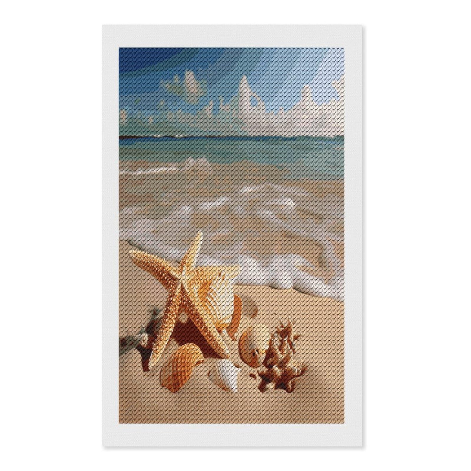 FekiLoot Seashells Starfish on Beach Paint by Numbers Kit for Adults Beginner DIY Diamond Dots Paintings Round Full Drill Diamond Art Kits Picture Diamond Art Painting Kits for Home Decor 12"x20"