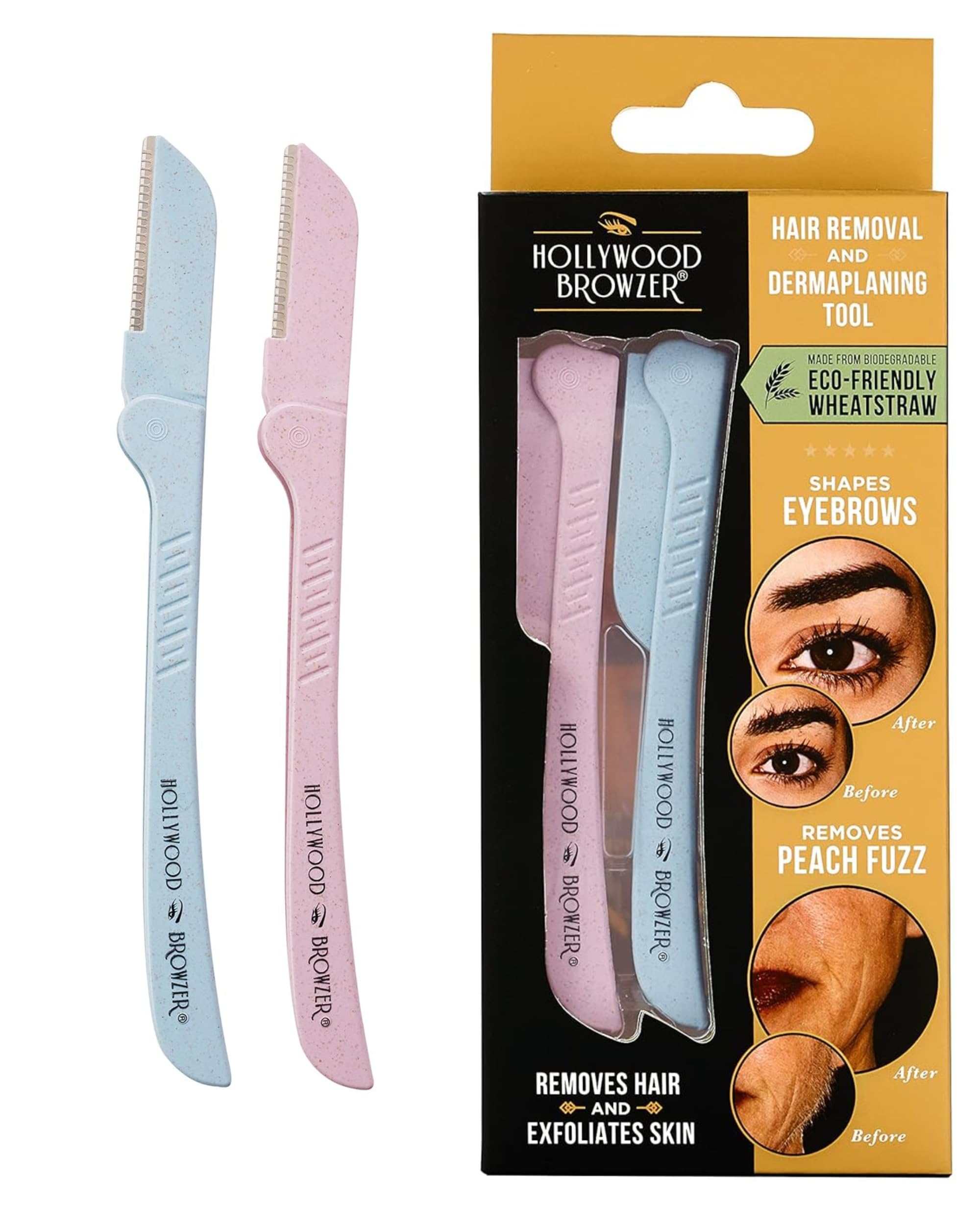 Hollywood Browzer Set da 2 Rasoi per Dermaplaning Viso Donna, Rimuove Peli e Cellule Morte Senza Dolore, Viso e Corpo, Lama in Acciaio Inox, Custodia Protettiva inclusa (Acquamarina e Quarzo Rosa)