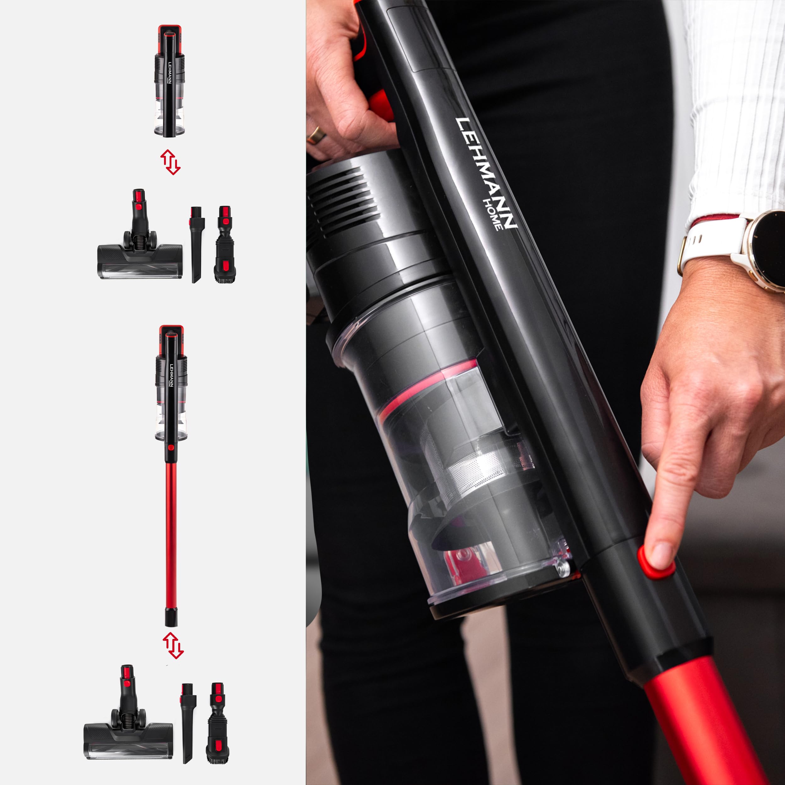 LEHMANN Aspirapolvere Senza Fili 3 in 1, Scopa Elettrica Senza Fili con 45 Minuti Autonomia, Serbatoio 1,8L, Spazzola LED, Filtro HEPA, Set di Accessori, Ideale per Peli di Animali, Tappeti, Pavimenti