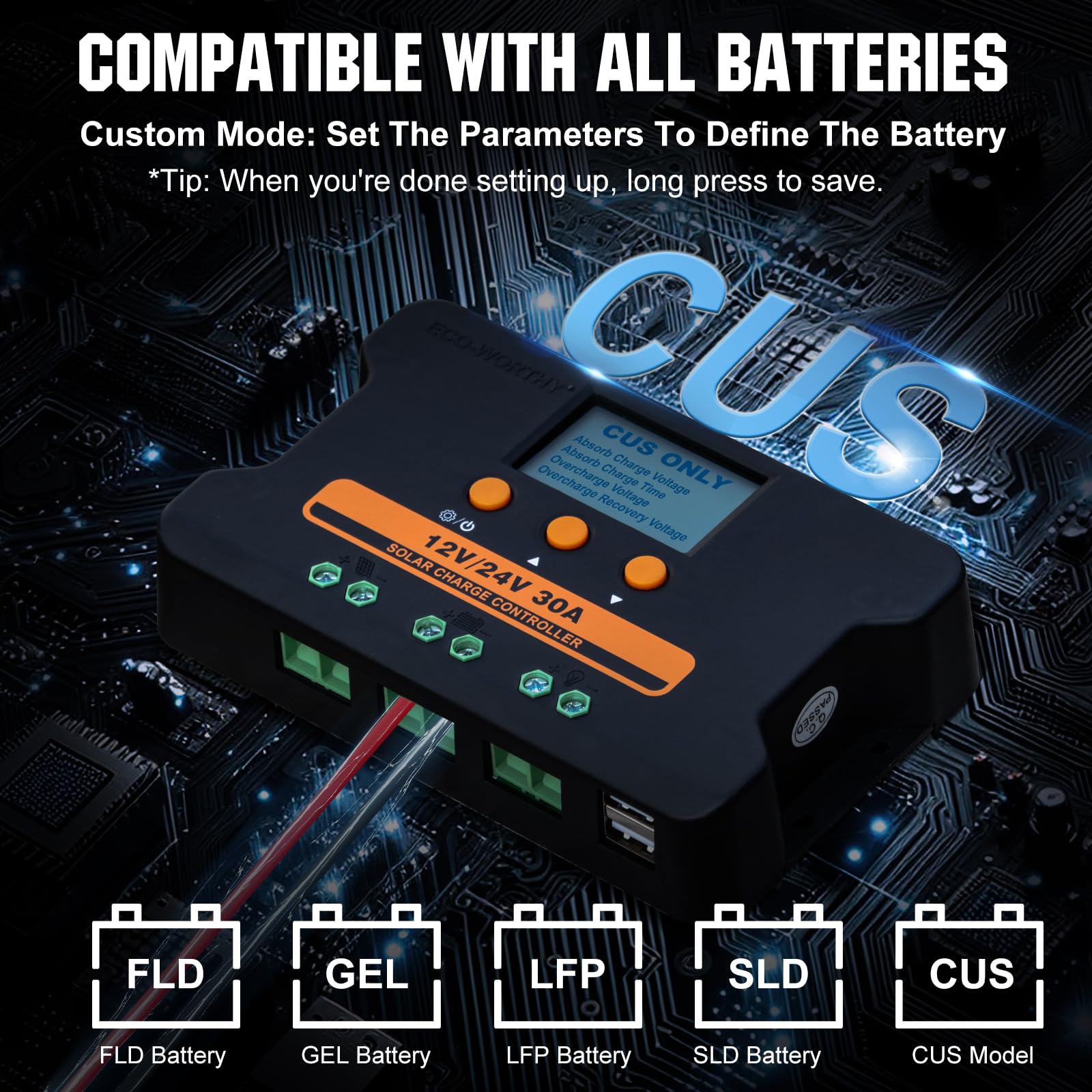 ECO-WORTHY Regolatore di carica solare 30A 12V/24V, controller PWM con display LCD e doppia porta USB 5V per regolazione individuale dei parametri della batteria
