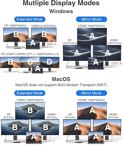 Miniatura 4 de Estación de acoplamiento USB C 3 monitores USBC Hub para portátil Adaptador multipuerto dongle de monitor dual, USBC a 2 HDMI, DisplayPort 4K, carga
