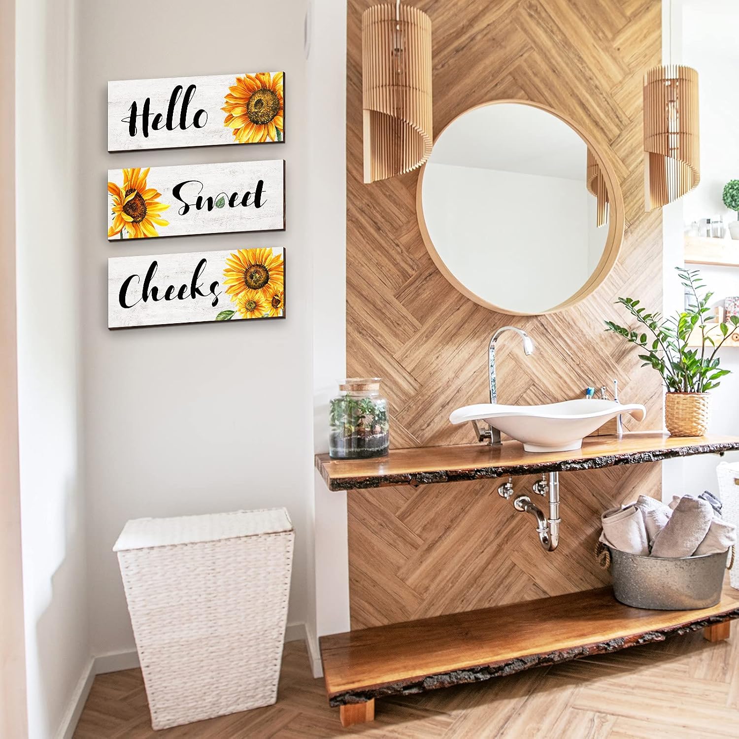 3 Pieces Sunflower Wall Decor Hello Sweet Wooden Wall Art Signs Summer Sunflowers Prints Hanging Plaques Rustic Classic Sunflowers Positive Sign Decor for Bathroom Kitchen, 10 x 4 x 0.2 Inch(White)
