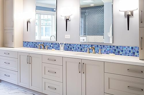 Miniatura 7 de Blujellyfish Azulejos de mosaico de vidrio azul con patrón francés, láminas de mosaicos cuadrados iridiscentes de vidrio azul cobalto de cerámica