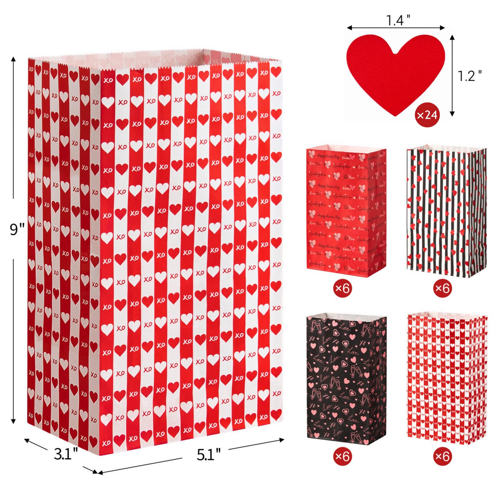 Jutieuo 24 PCS Valentine's Day Gift Bags with Heart Labels, Cute Black Red Valentine Paper Treat Bags Goodie Bag for Valentines Party Favors