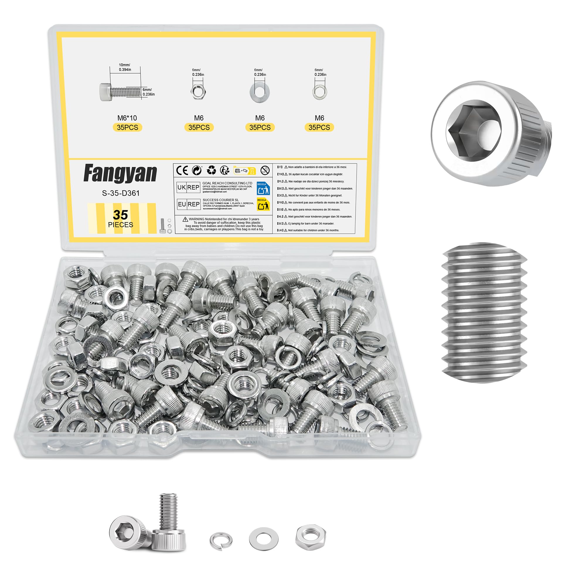 Fangyan 35 PCS M6 x 10mm Hex Socket Cap Head Bolts Set, Stainless Steel Machine Screws with Hex Nuts, Flat & Spring Washers Assortment Kit for Electronics, Small Equipment & DIY Repair