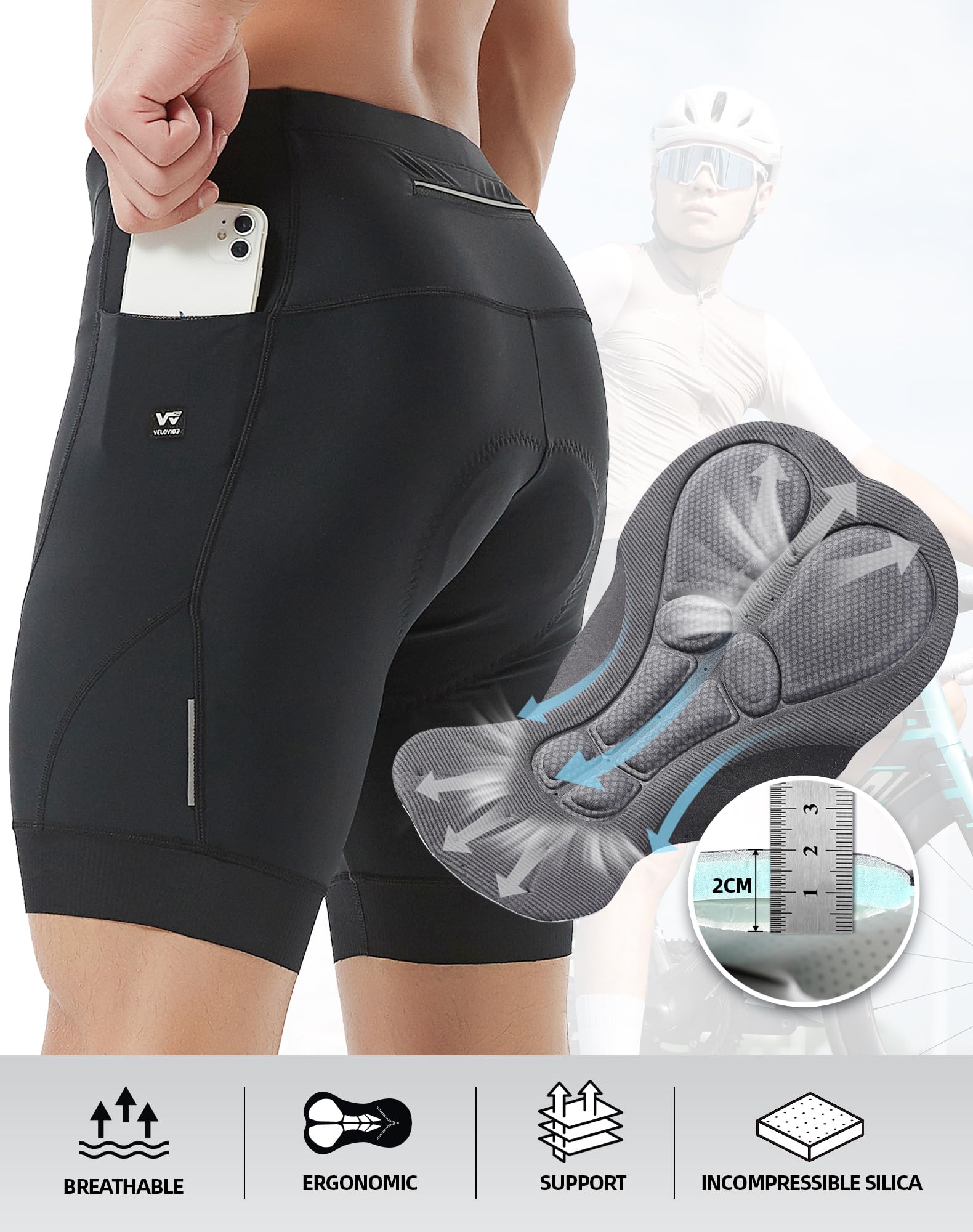 Pantaloncini Ciclismo Uomo Imbottito Gel 5D Asciugatura Rapida Pantaloncini Bici Uomo Mutande Ciclismo Uomo Antiscivolo Pantaloncini MTB Uomo