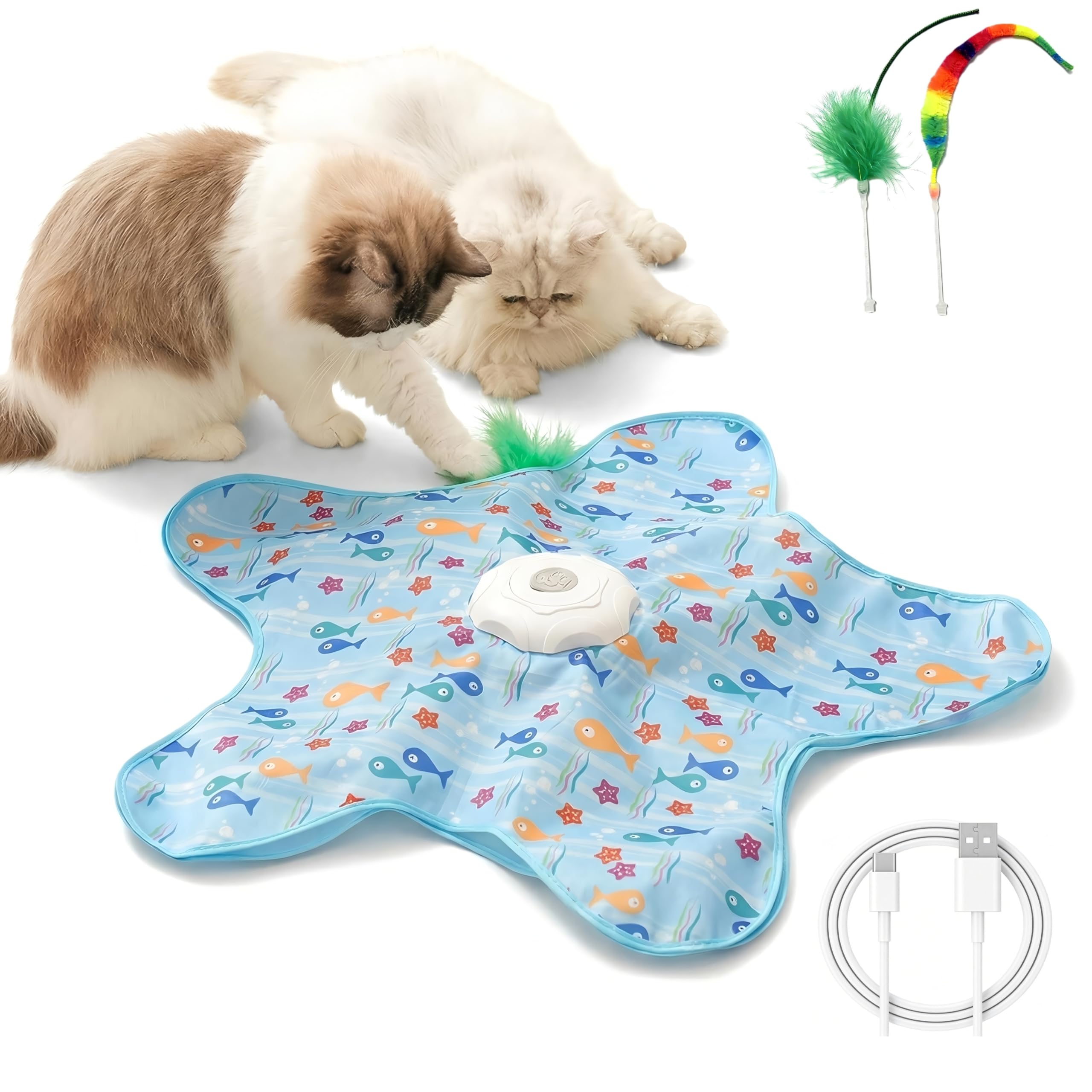 Hide and Seek Interactive Cat Toy with Feather Wand, 5-Hole Motion Activated Bird Sound USB Rechargeable Puzzle Toy, Automatic Mental Stimulation for Indoor Cats & Multi-Cat Play (Fish Cover)