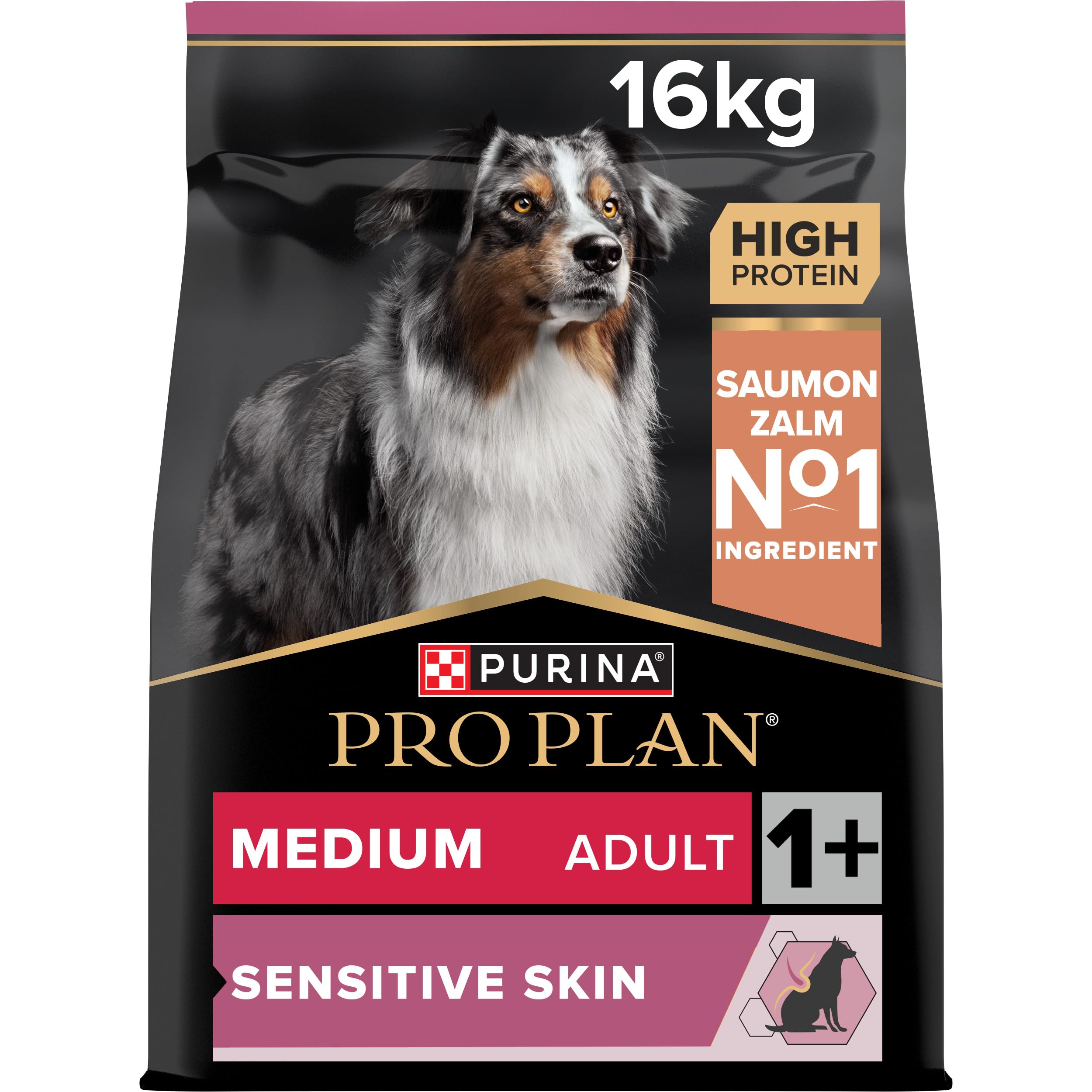 Purina Pro Plan - Sensitive Skin - Croquettes Chien Moyen Saumon - 16 kg | Croquettes Chien Moyen Peau Sensible Saveur Saumon - Pelage brillant et soutien digestif sans blé - Santé Chien