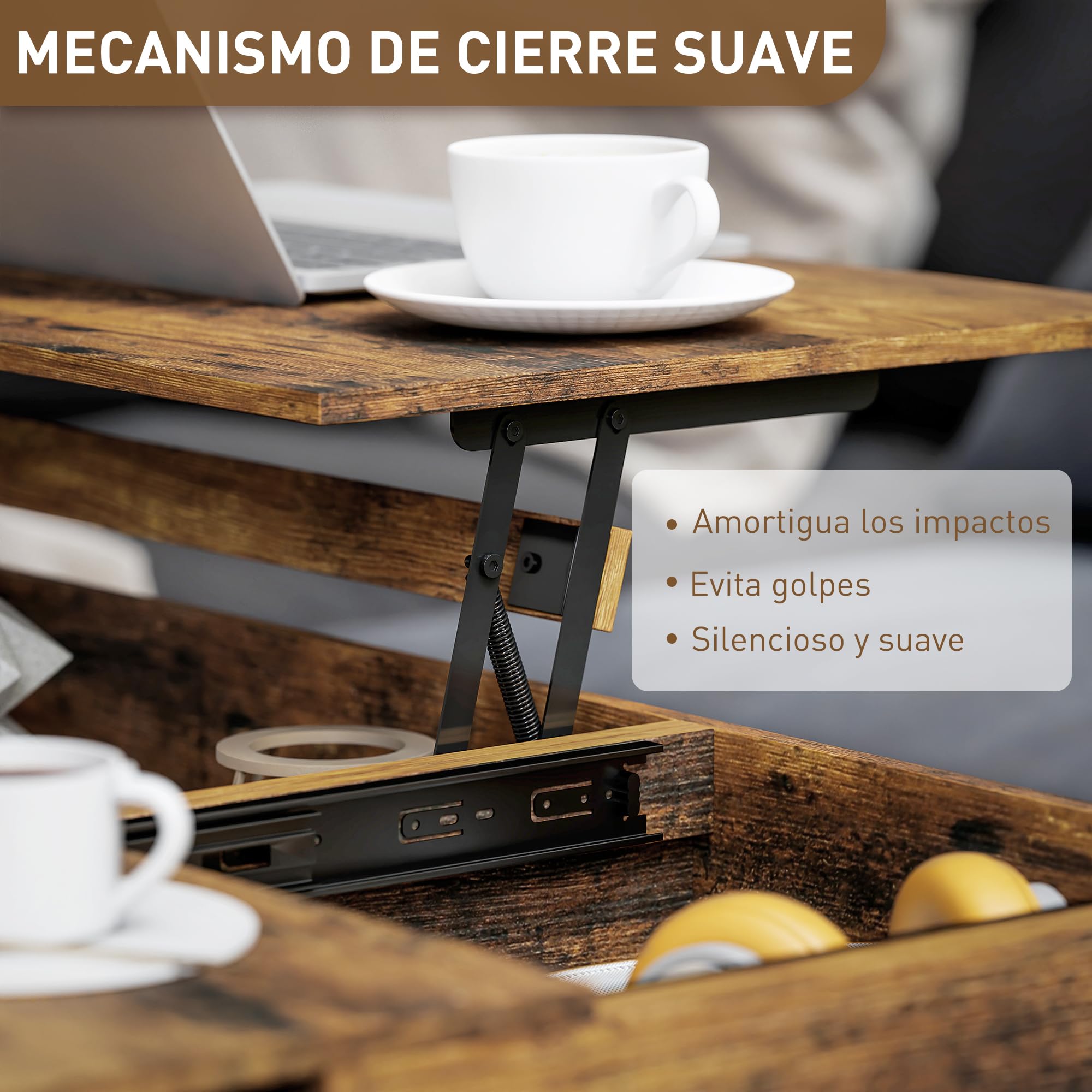 HOMCOM Mesa de Centro Elevable Cierre Suave 100x45x67 cm Marrón Rústico | Mesa de Café, Encimera Deslizante, Espacio Oculto de Almacenaje