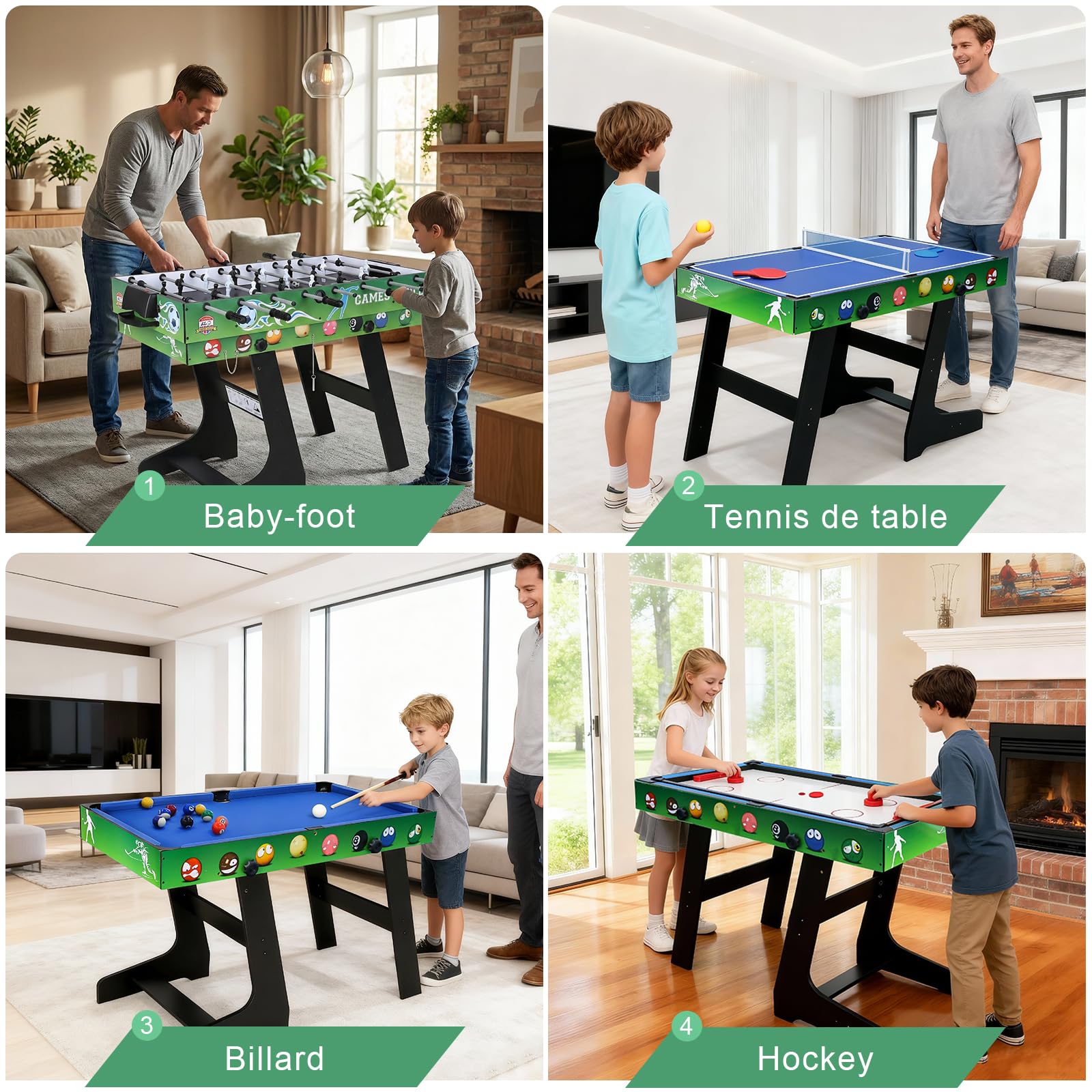 Table multijeux 4 en 1 - Babyfoot de 1,2 m/Air Hockey/Ping-Pong avec Accessoires/Billard Pliable - Idéal pour Une soirée Jeux en Famille en intérieur (103 x 58 x 73 cm).