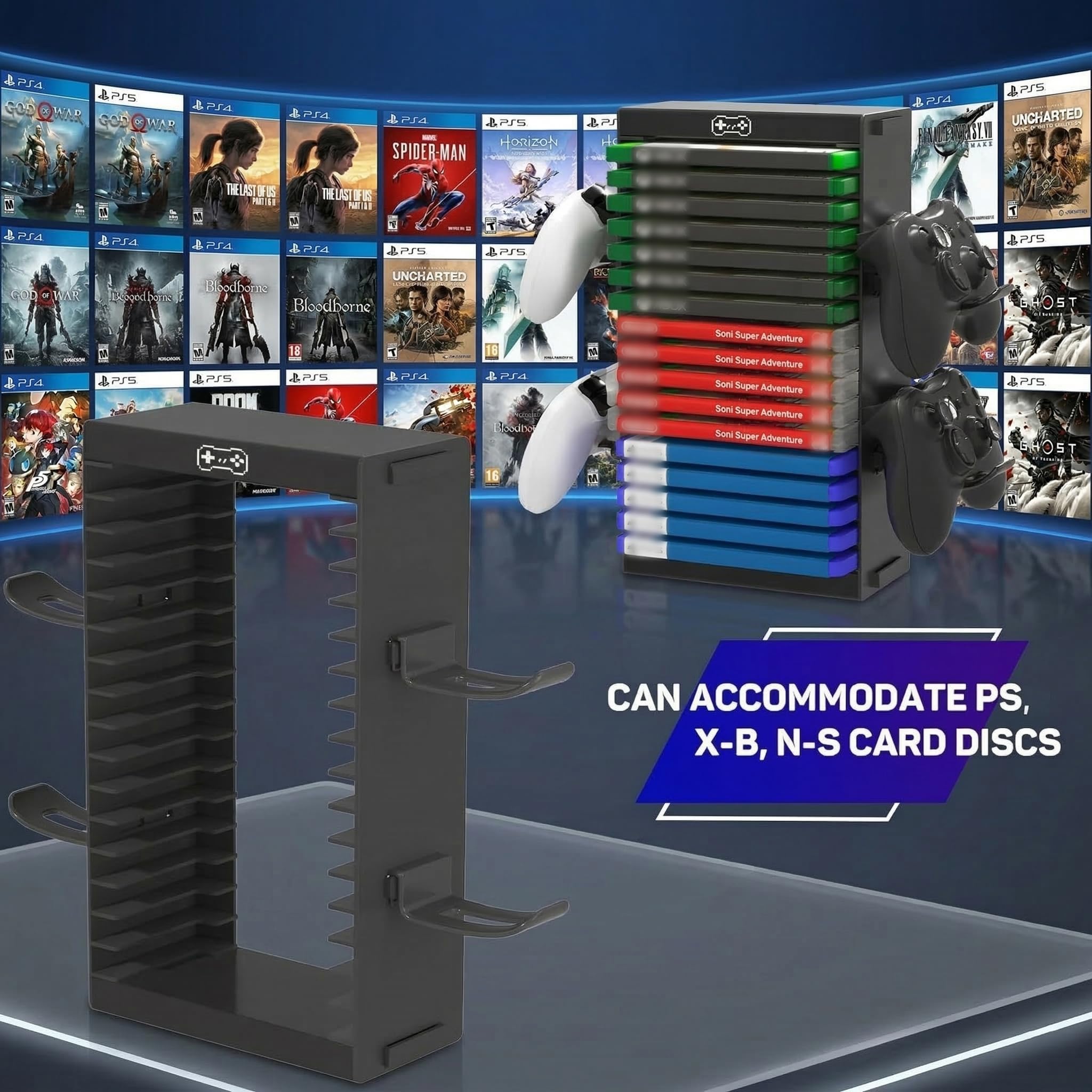 SOONHUA Tour Rangement Jeux Vidéo Support Manettes Compatible PS5 PS4 | Support de rangement avec 4 porte-manettes pour consoles compatibles Switch, Xbox et disques de jeu