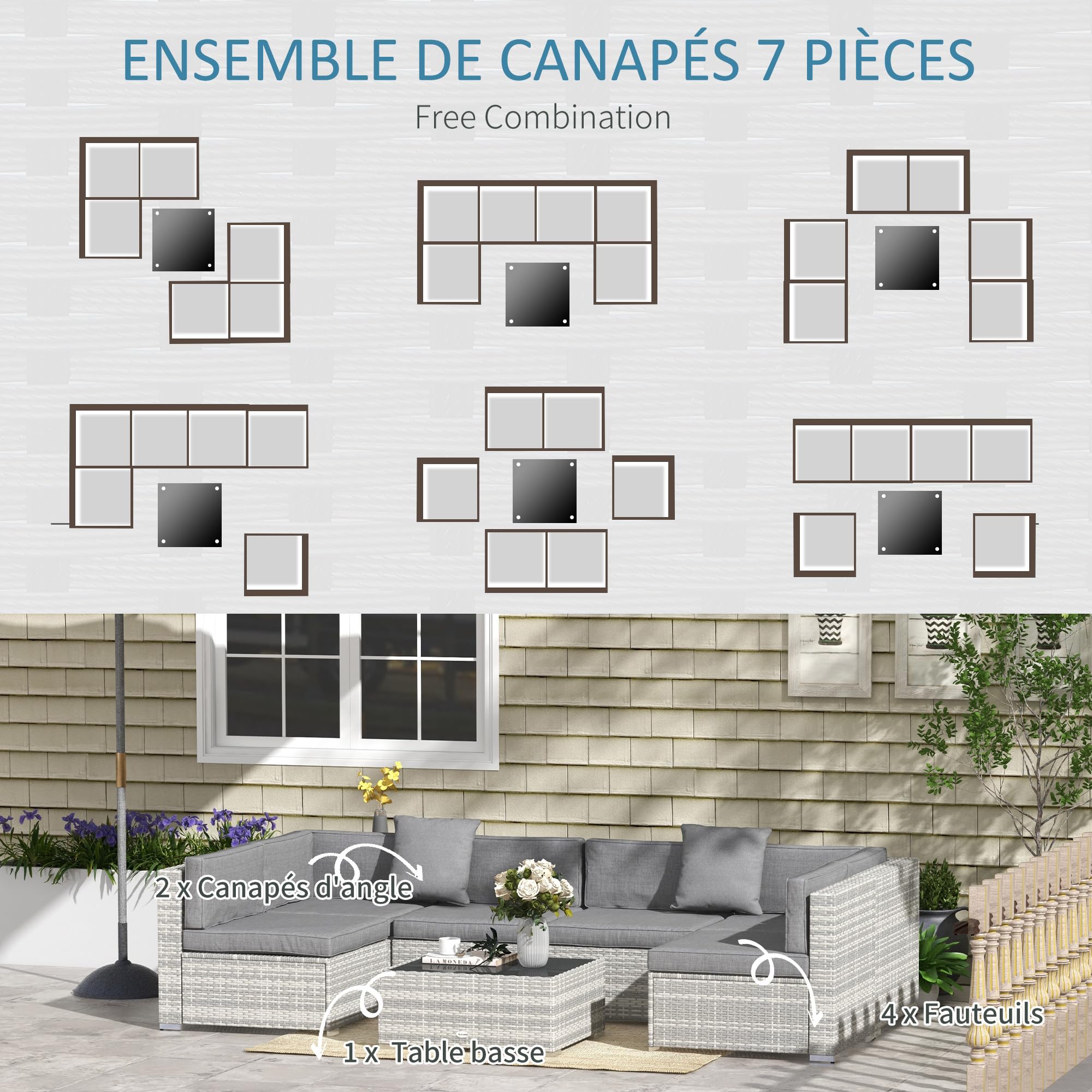 Outsunny Ensemble Salon de Jardin 7 pièces modulables, Coussins déhoussables Inclus, Table Basse avec Plateau Verre trempé, en résine tressée, Gris