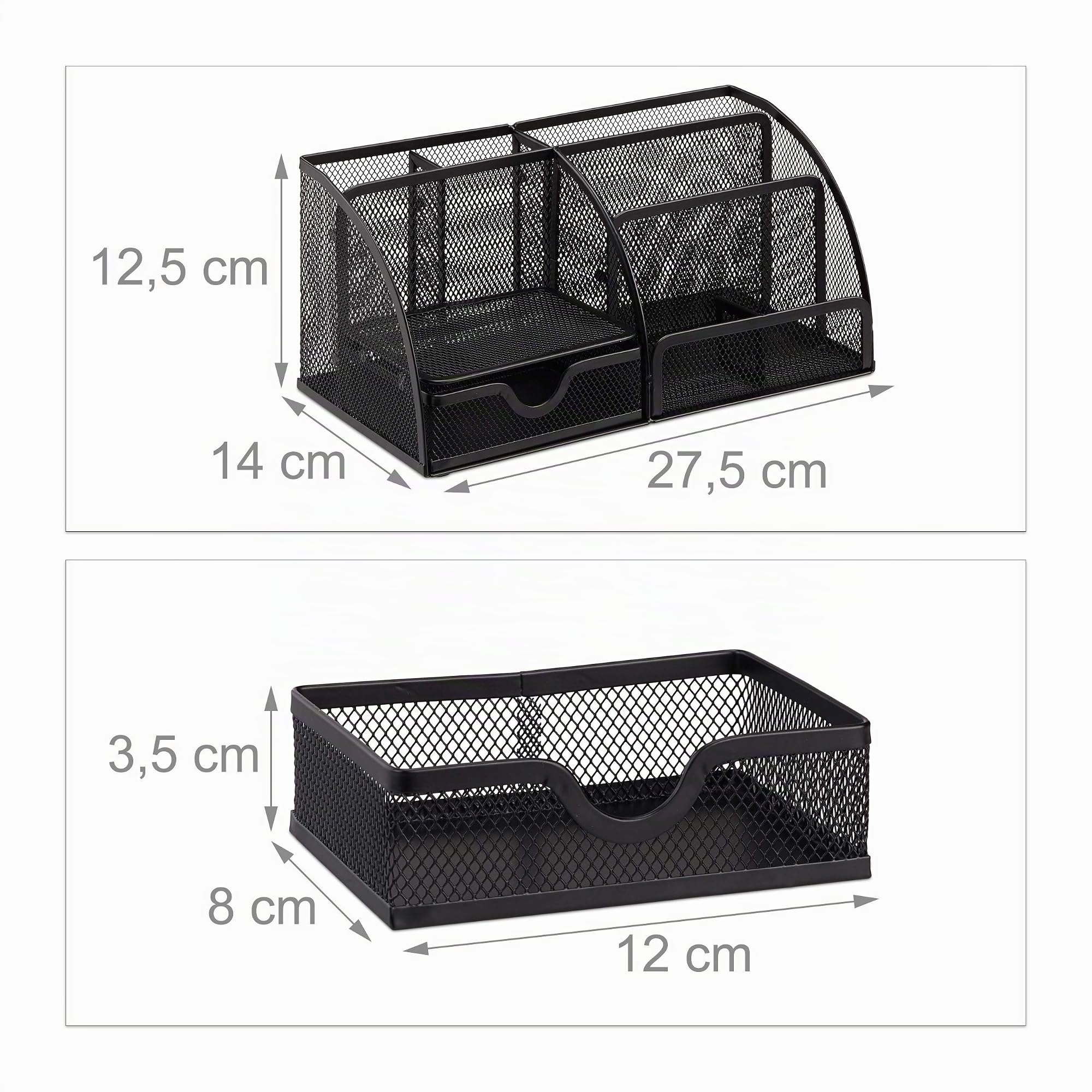 Relaxdays Organizador de Escritorio Malla con 6 Compartimentos, Metal, Negro, 12.5 x 27.5 x 14 cm