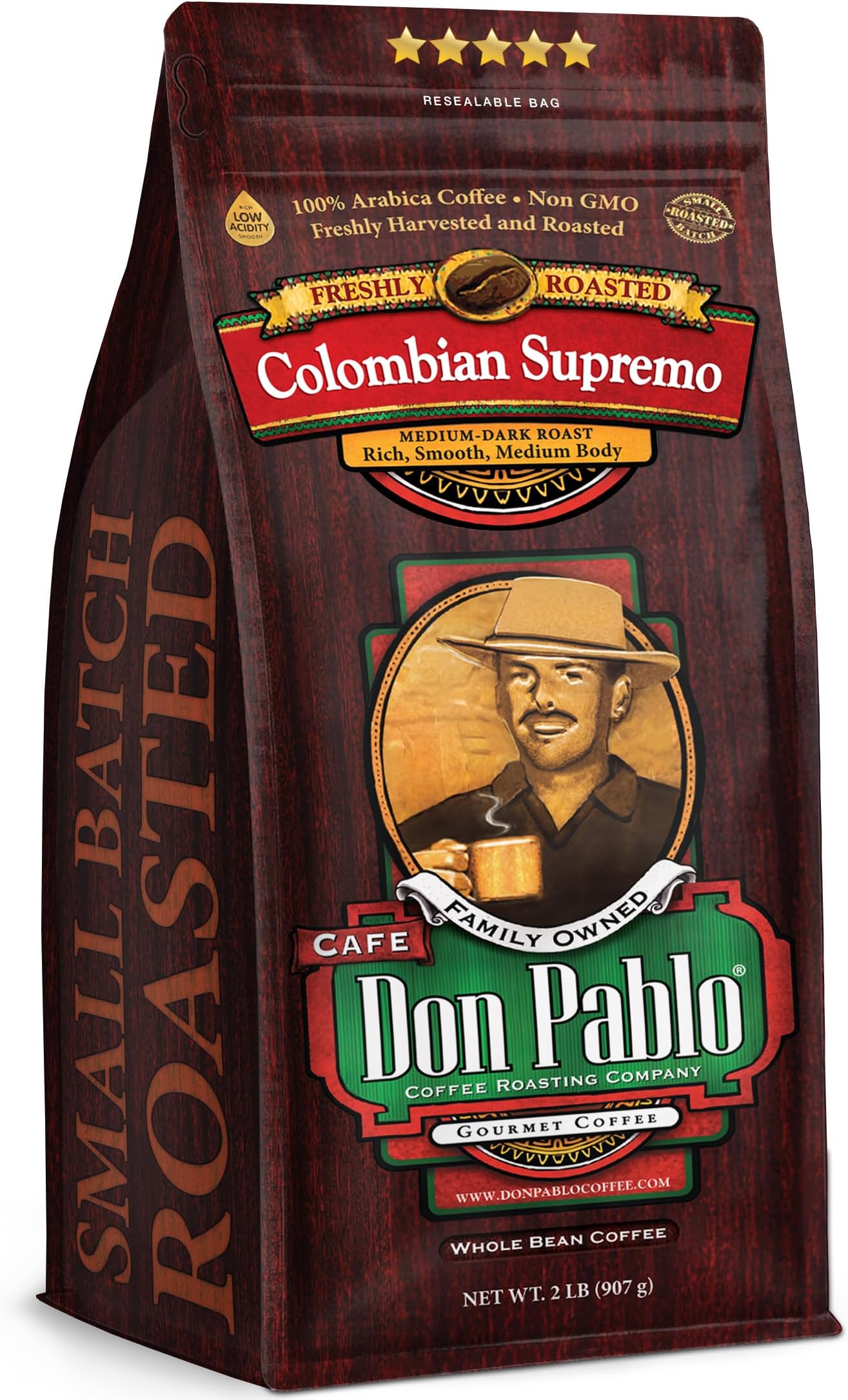 Don Pablo Colombian Supremo - Medium-Dark Roast Gourmet Coffee, 100% Arabica Whole Bean, Low Acidity, Non-GMO, 907g (2LB)
