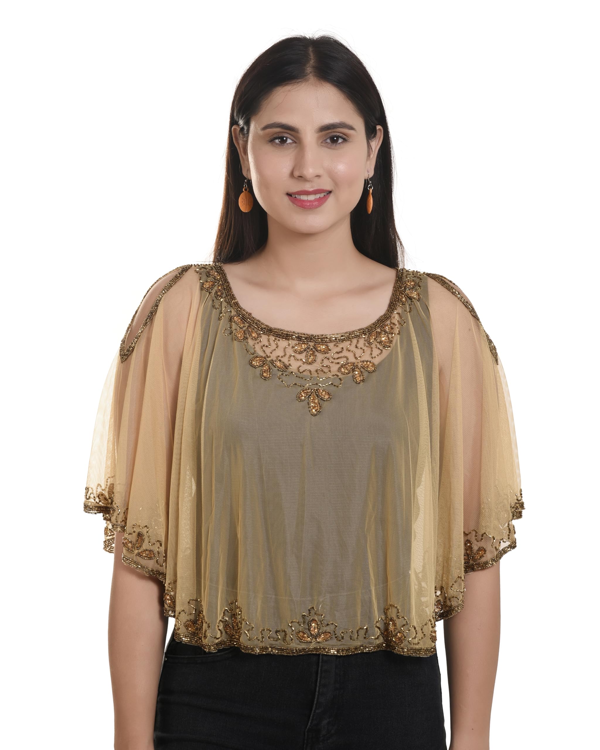 Women's Net Poncho Hand Embroidery Capes Poncho with Short Stings-image-2