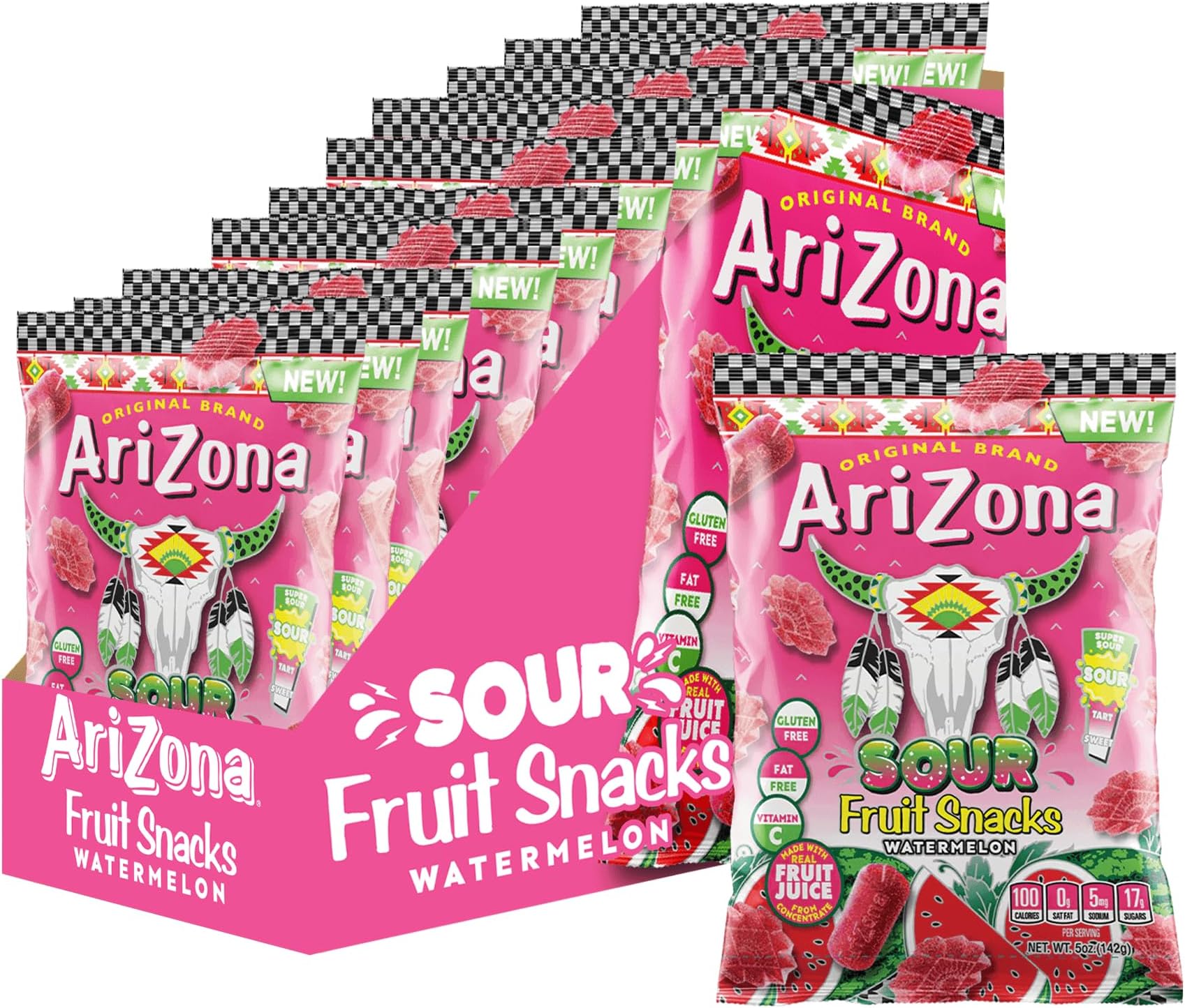Fruit Snacks, Sour Watermelon - NEW - 5 Ounce Bags (Pack of 12) - Gluten Free - Gummy Chews