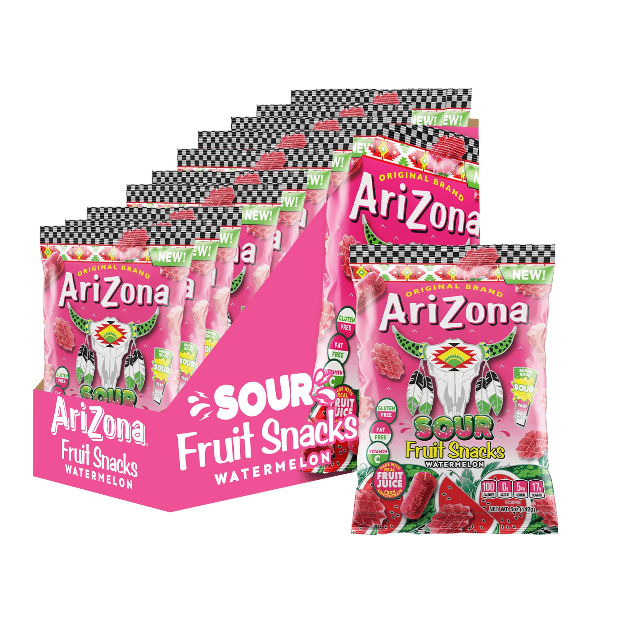 AriZona Fruit Snacks, Sour Watermelon - NEW - 5 Ounce Bags (Pack of 12) - Gluten Free - Gummy Chews